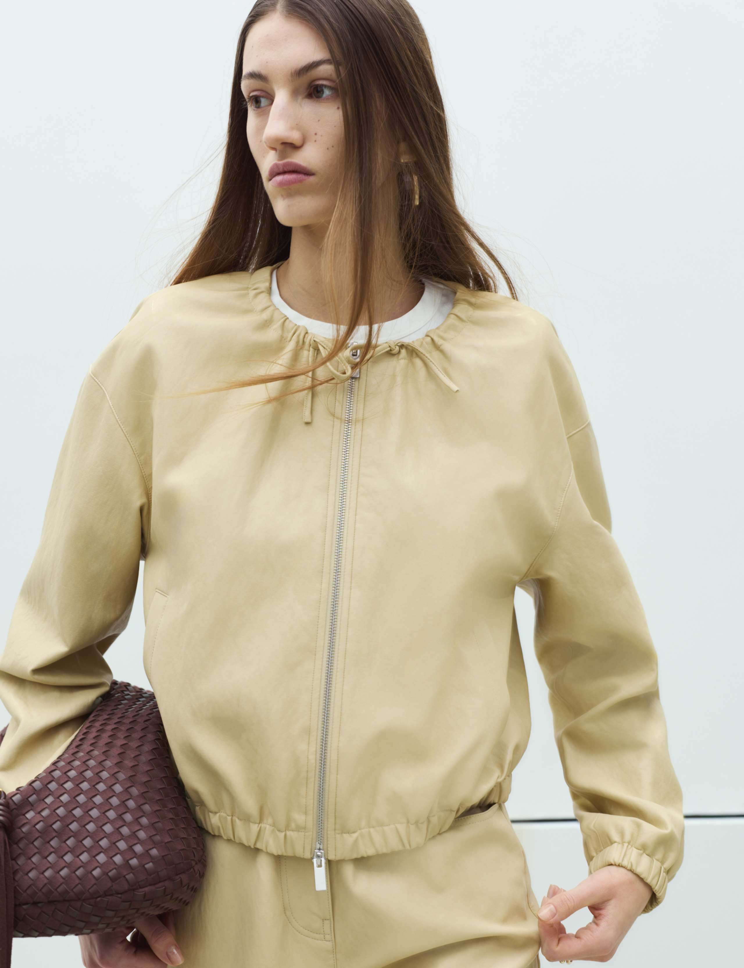 Faux Leather Neck Tie Bomber Jacket 1 of 7