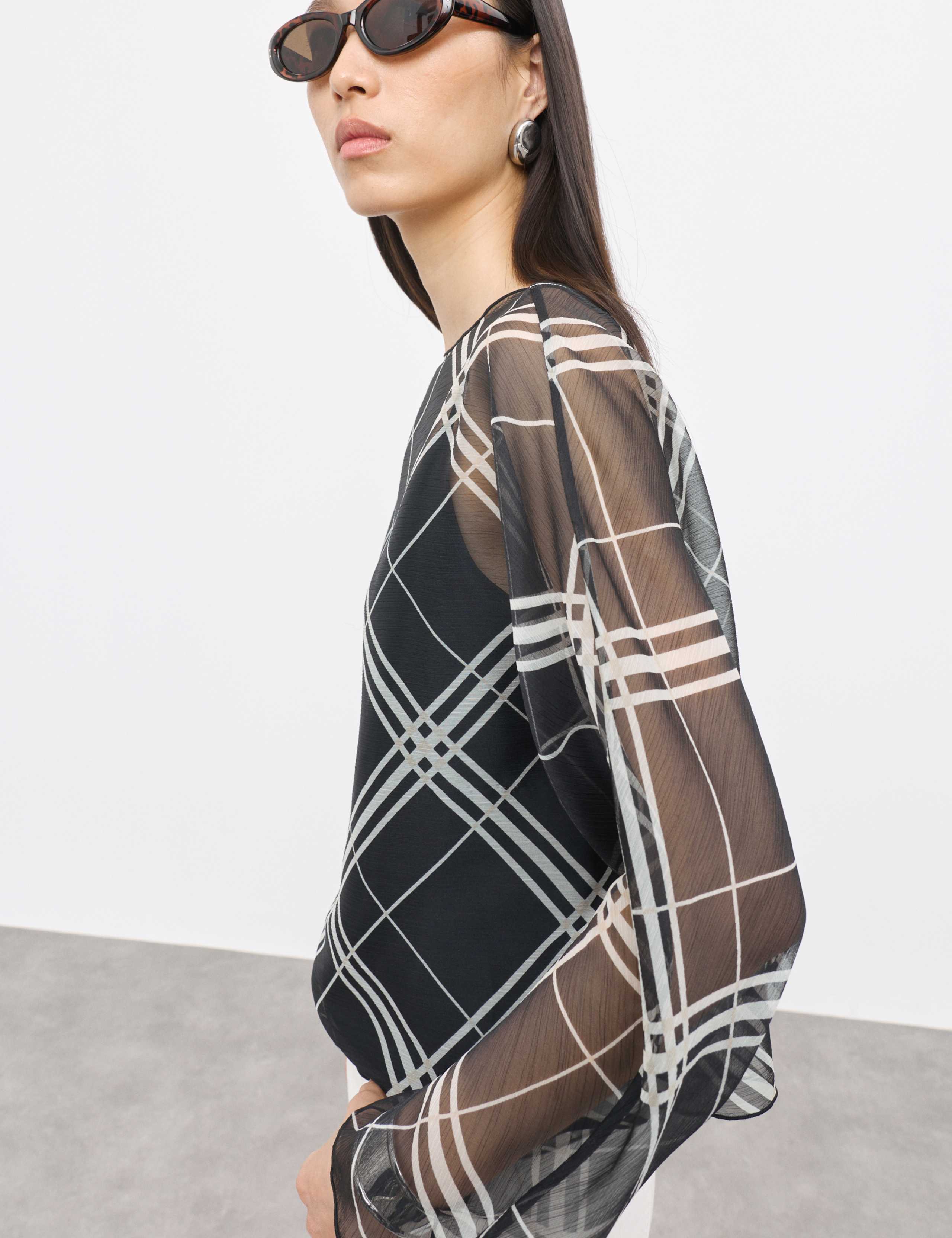 Checked Sheer Slash Neck Blouse 6 of 6