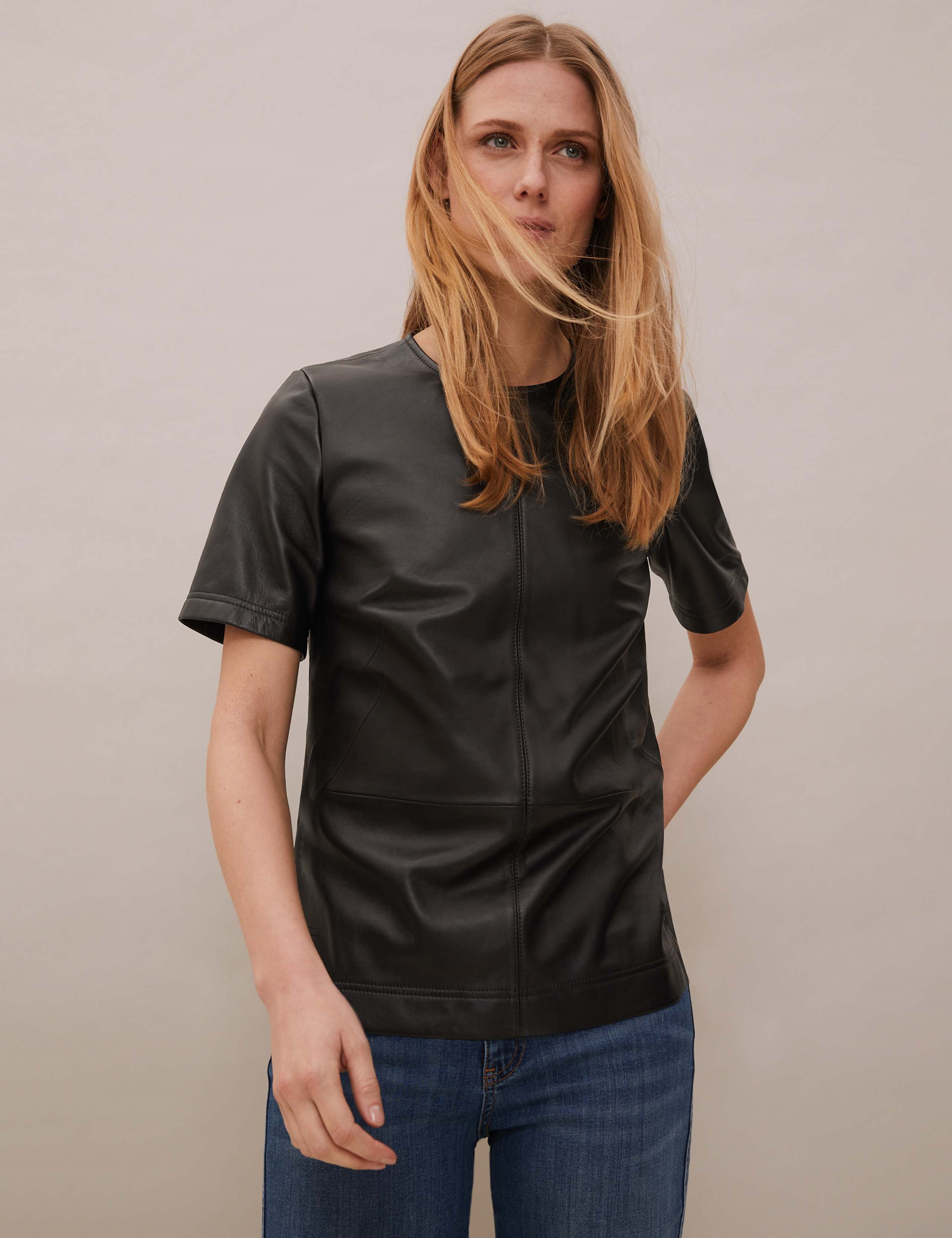 Leather Round Neck Short Sleeve Top 1 of 6