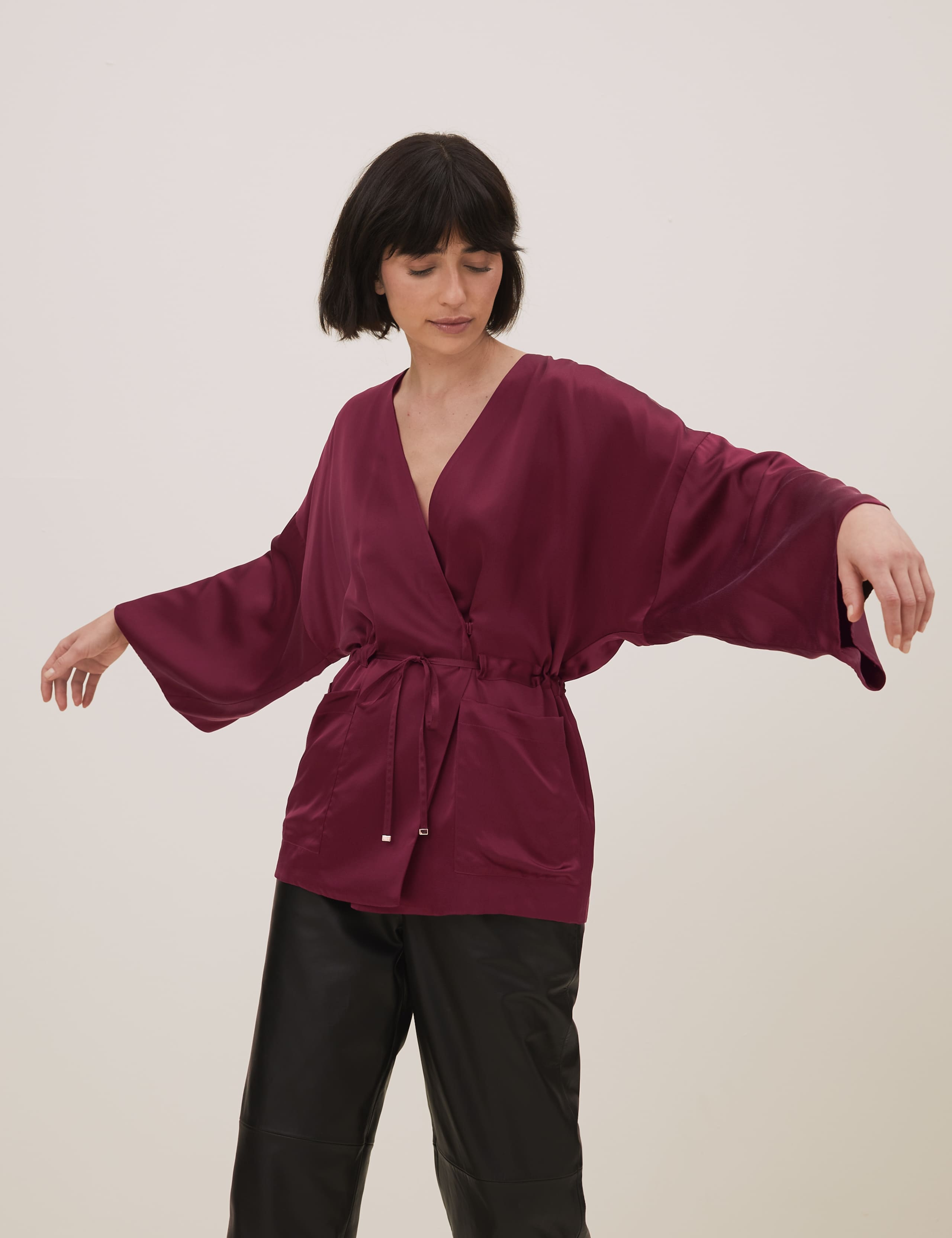 Pure Silk V-Neck 3/4 Sleeve Kimono Blouse 3 of 6