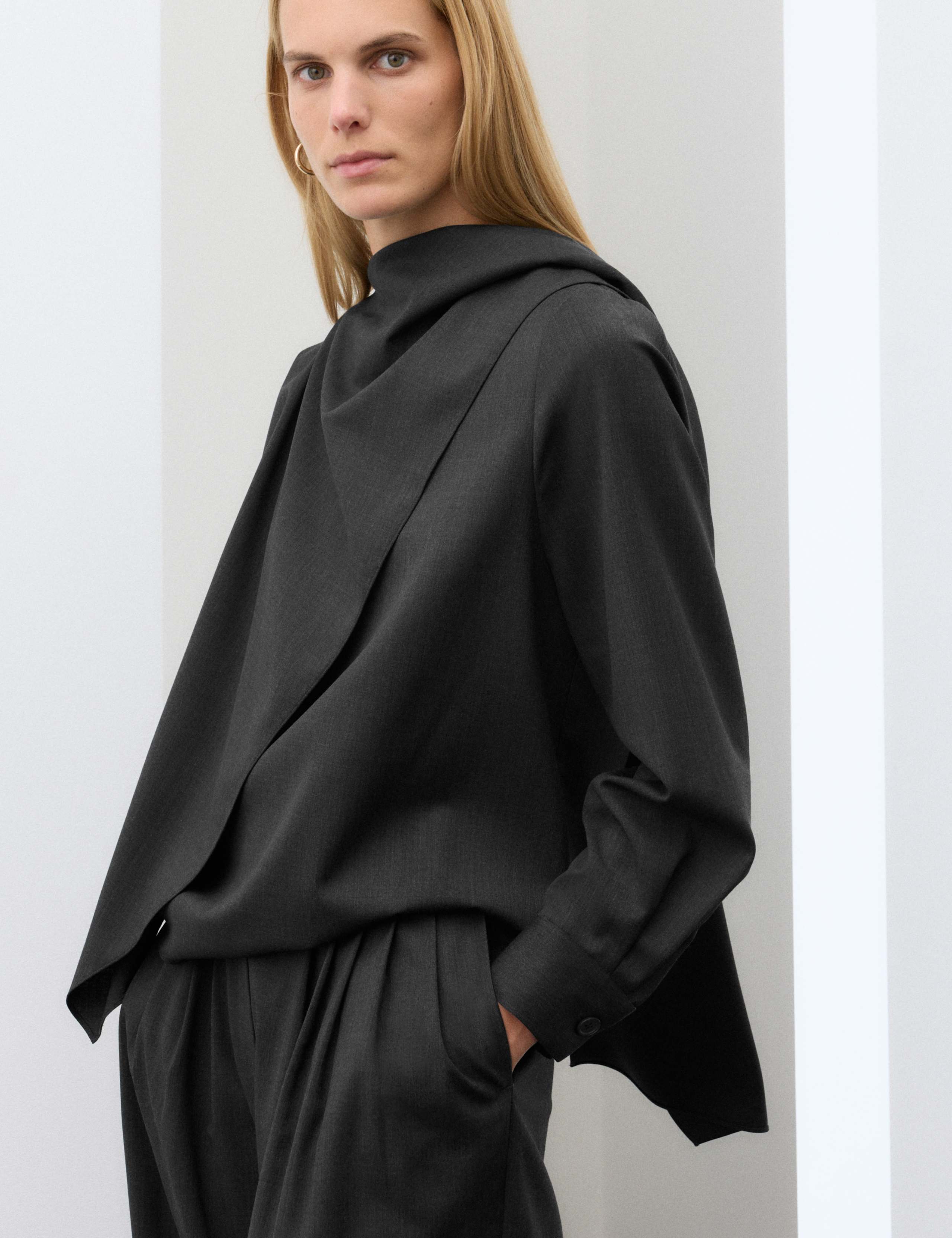 Wool Blend Draped Scarf Neck Blouse 5 of 7
