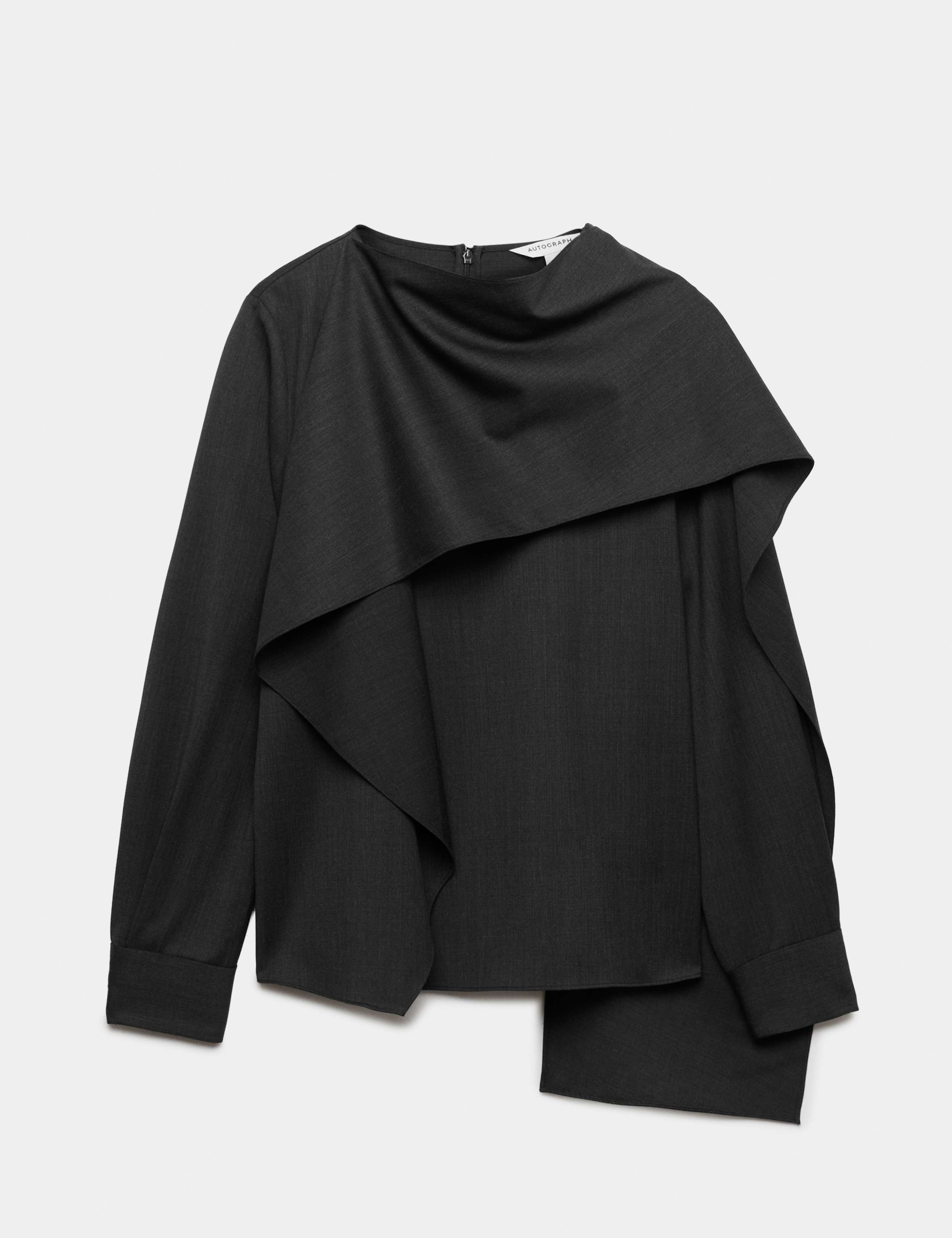 Wool Blend Draped Scarf Neck Blouse 2 of 7