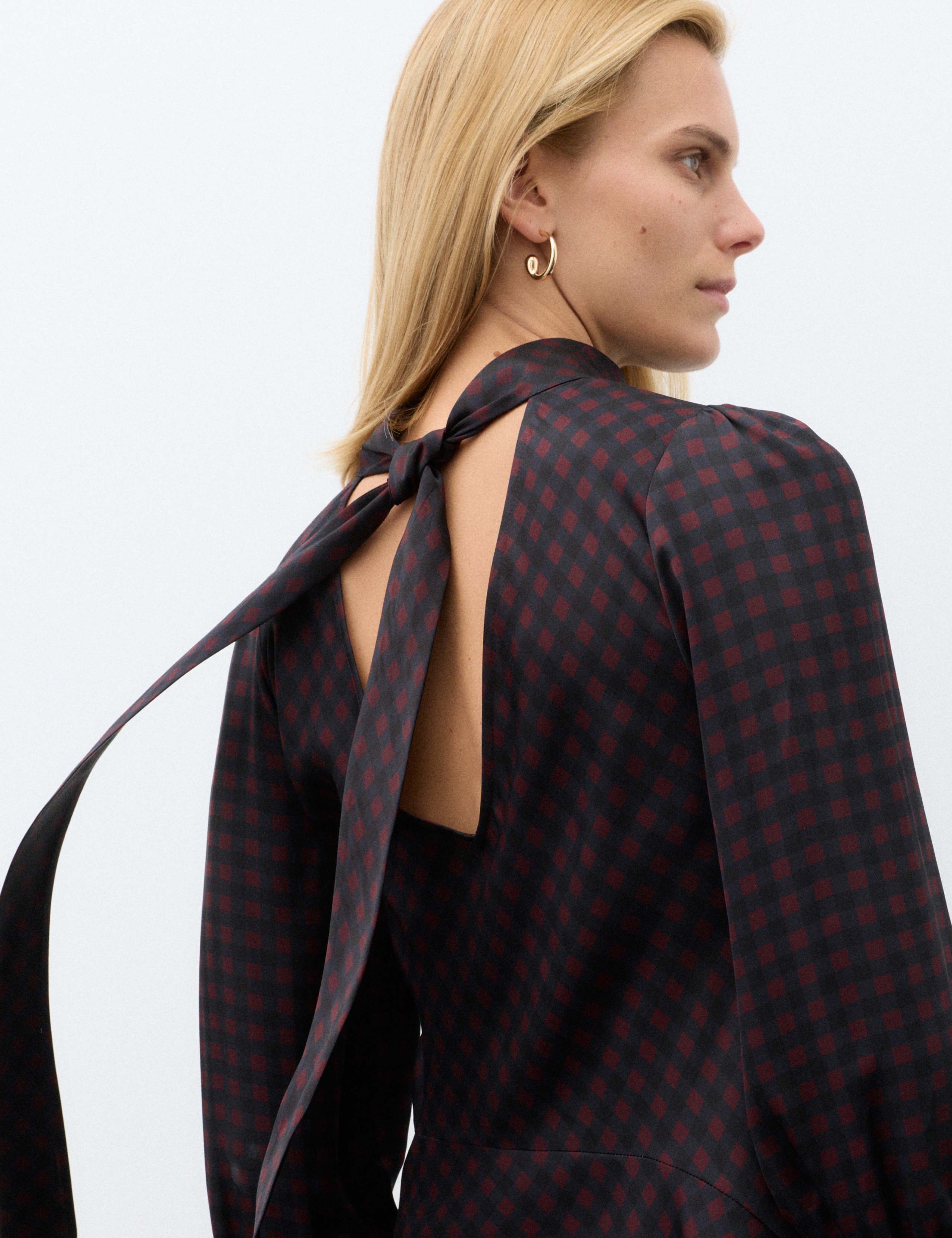 Satin Checked Tie Neck Asymmetric Blouse 7 of 7