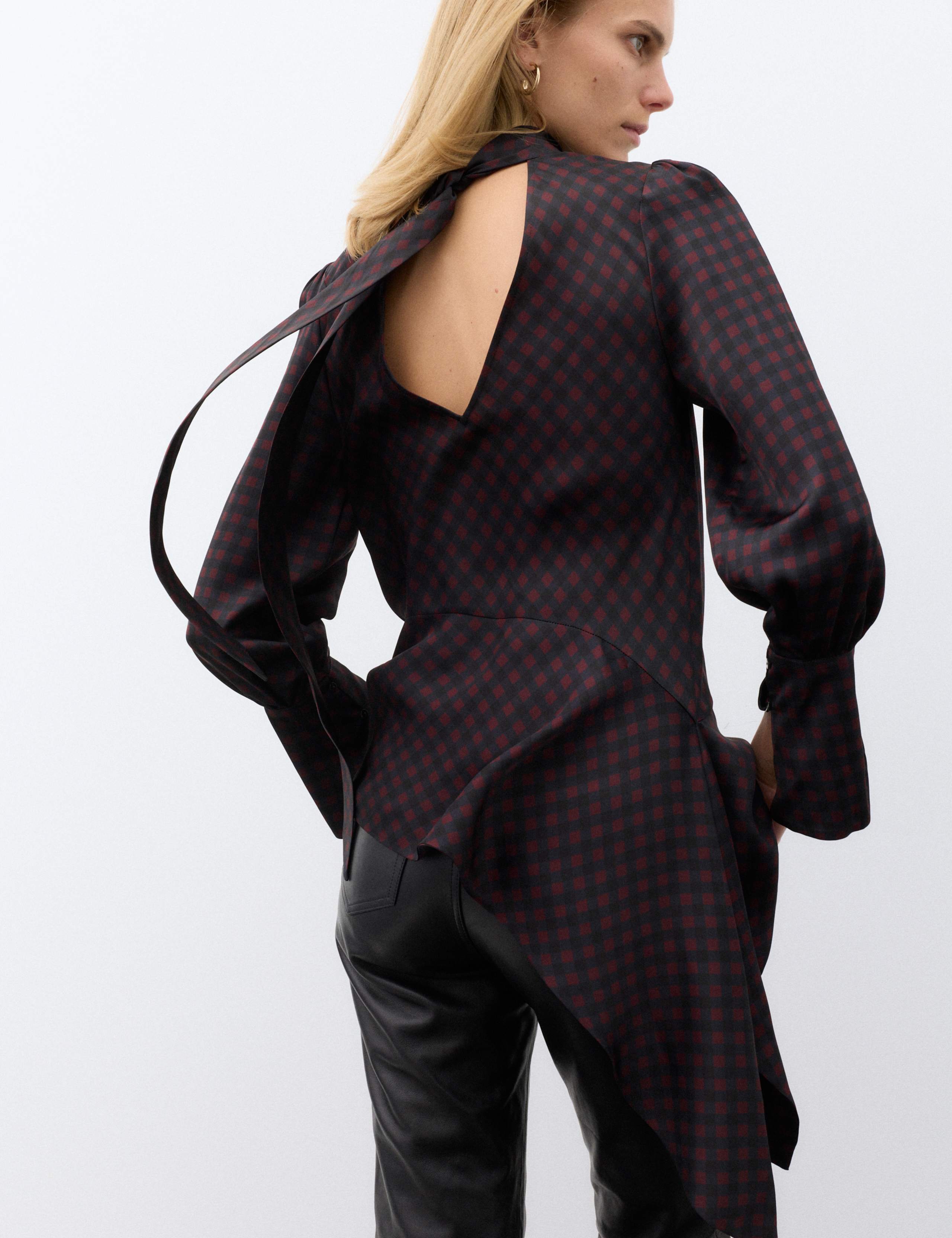 Satin Checked Tie Neck Asymmetric Blouse 3 of 7