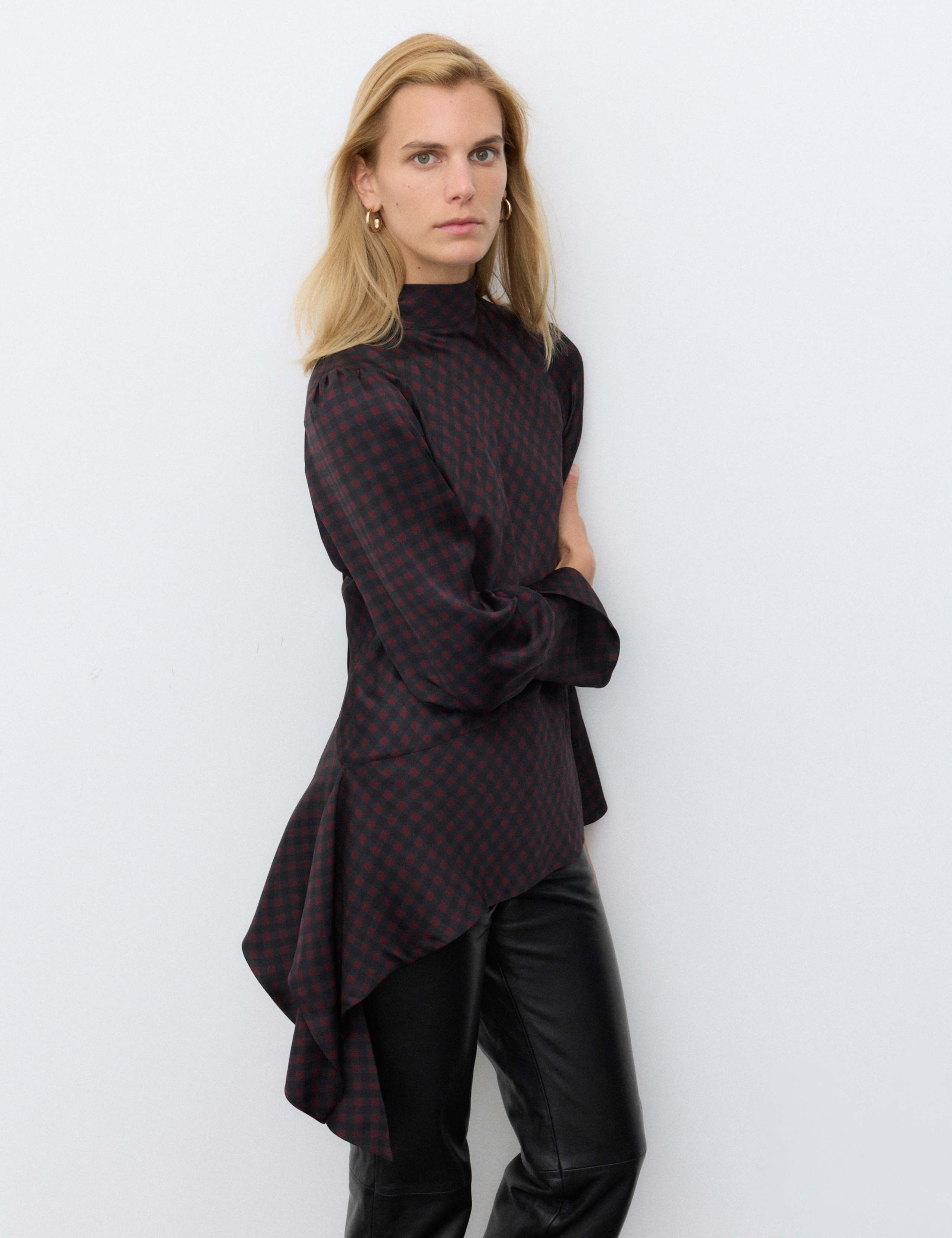 Satin Checked Tie Neck Asymmetric Blouse 4 of 7