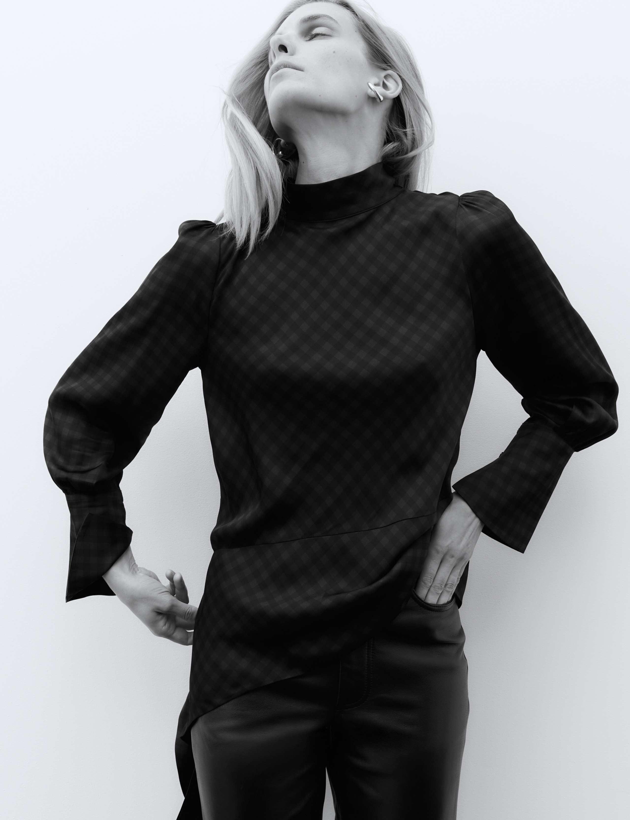 Satin Checked Tie Neck Asymmetric Blouse 5 of 7