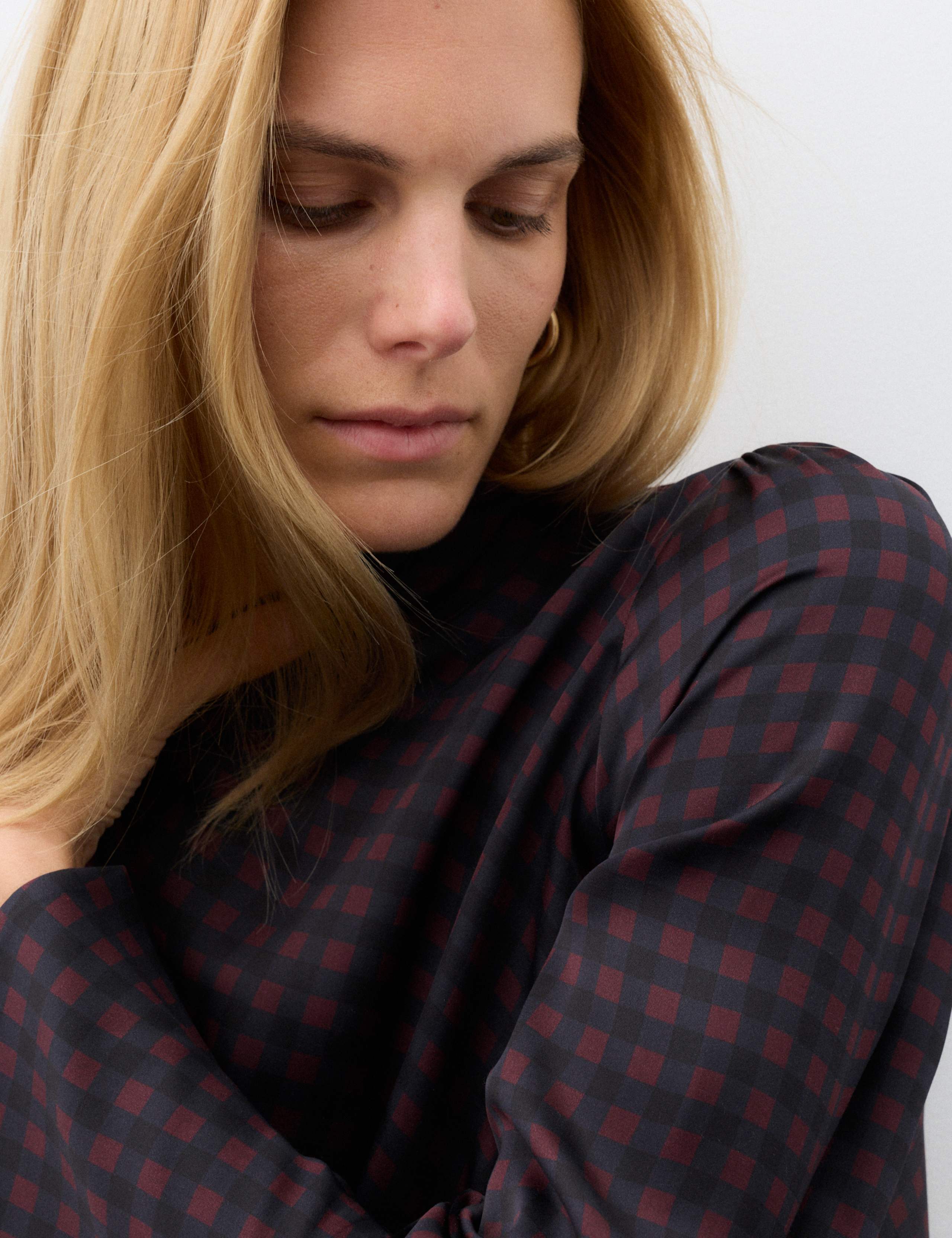 Satin Checked Tie Neck Asymmetric Blouse 6 of 7