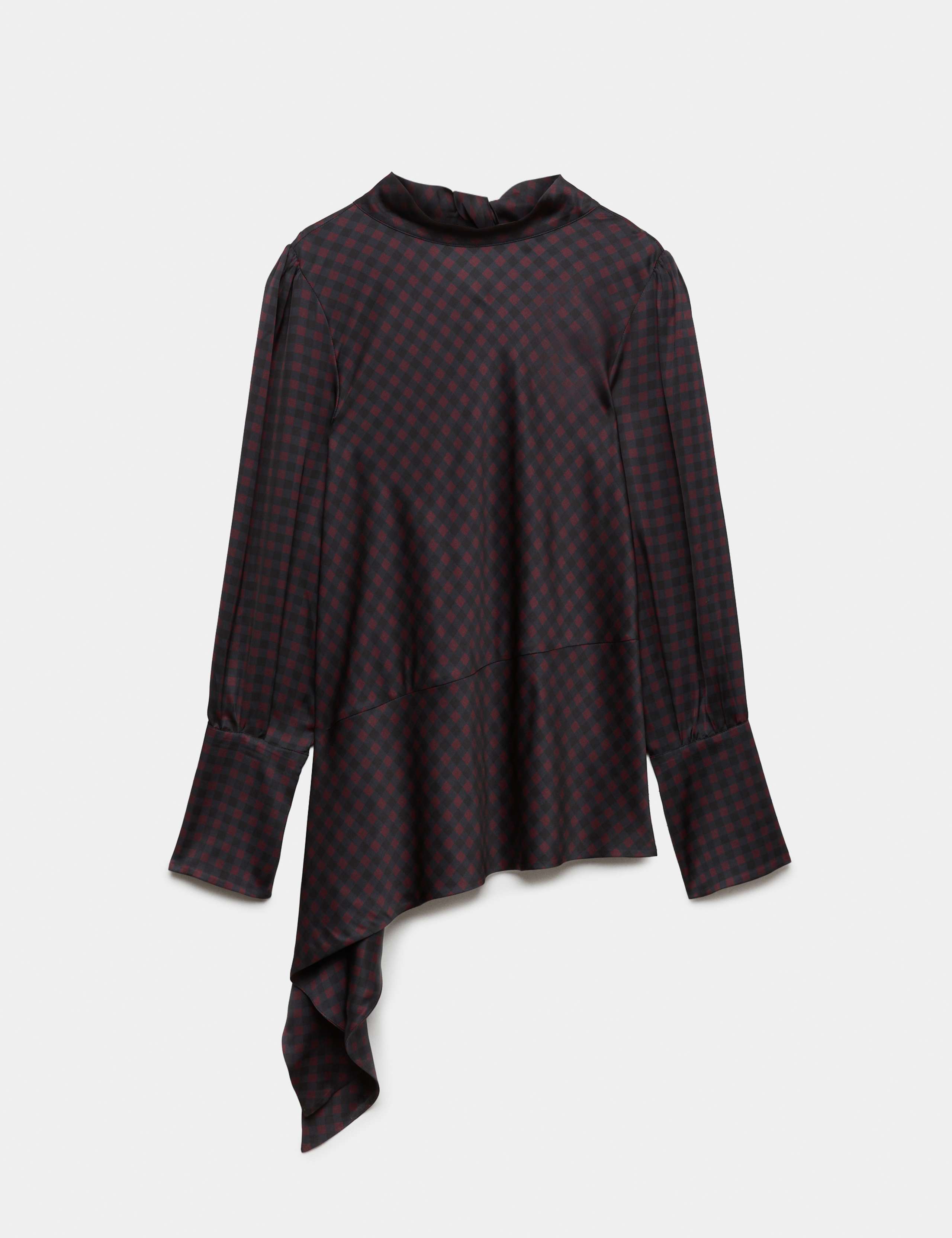 Satin Checked Tie Neck Asymmetric Blouse 2 of 7