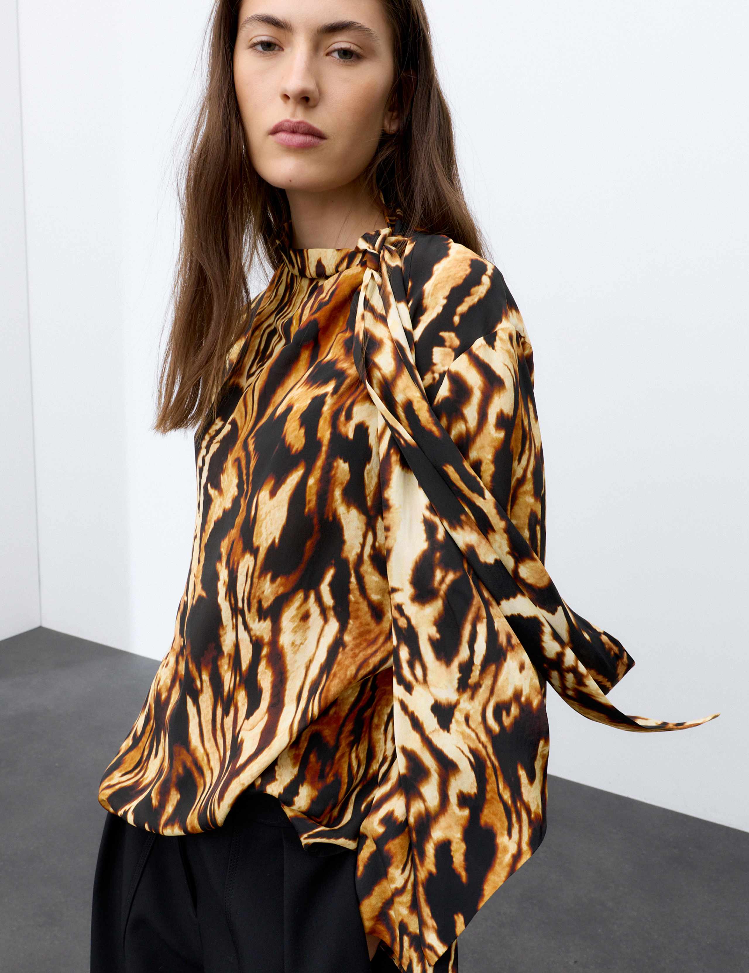 Animal Print Tie Neck Blouse with Silk 1 of 8