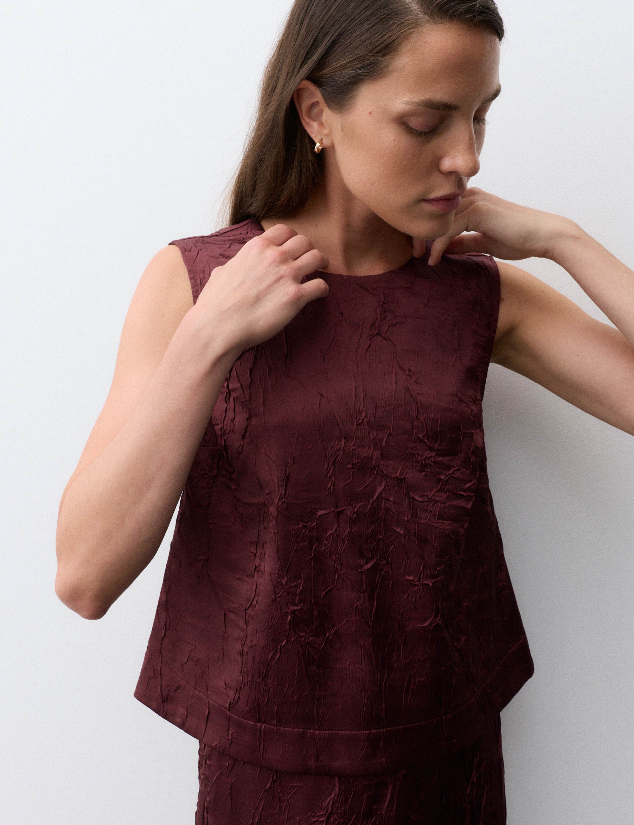 Satin Textured Crew Neck Top 1 of 7