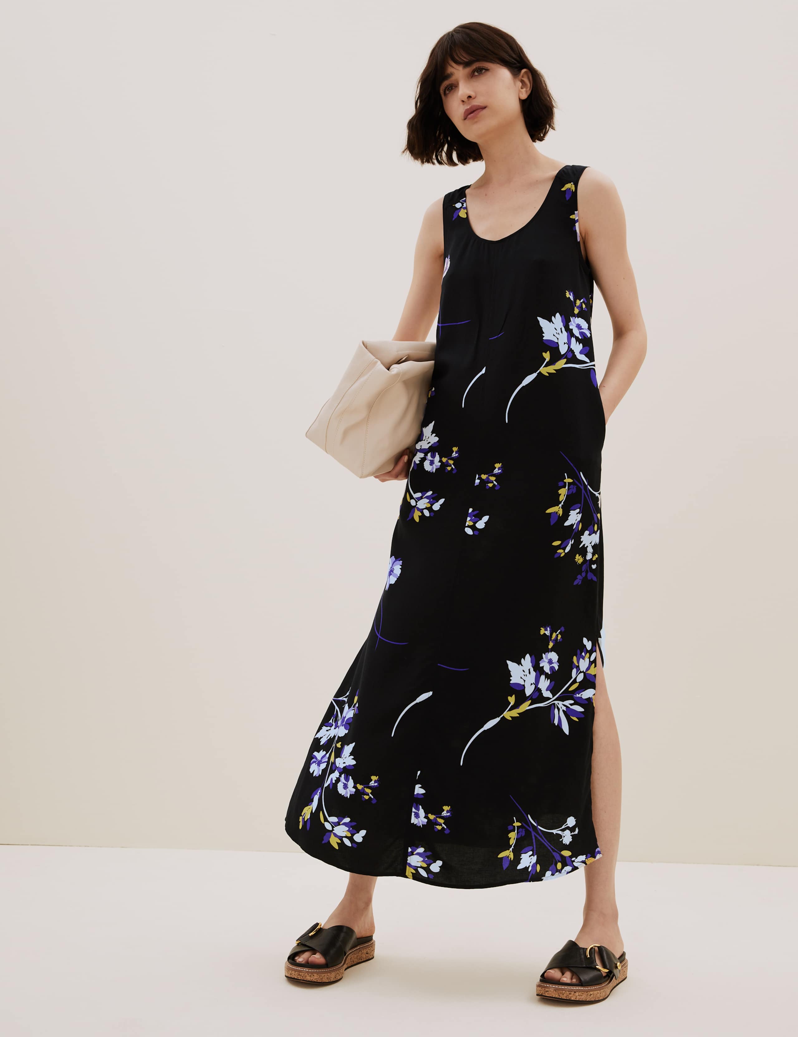Floral Maxi Column Dress with Linen 1 of 7