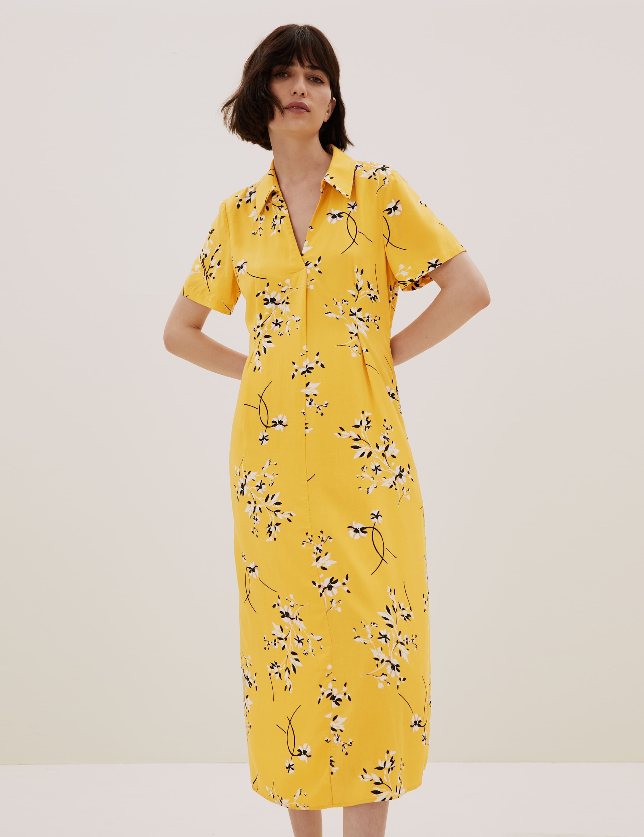 Floral Collared Midi Shirt Dress with Linen 1 of 8