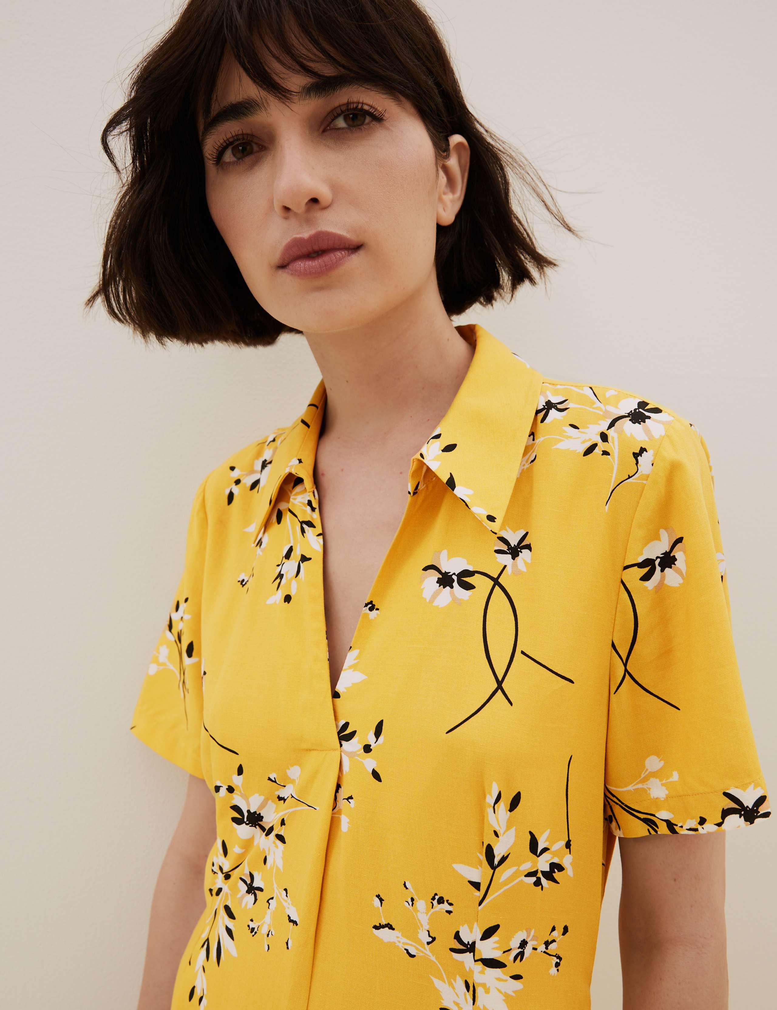 Floral Collared Midi Shirt Dress with Linen 3 of 8