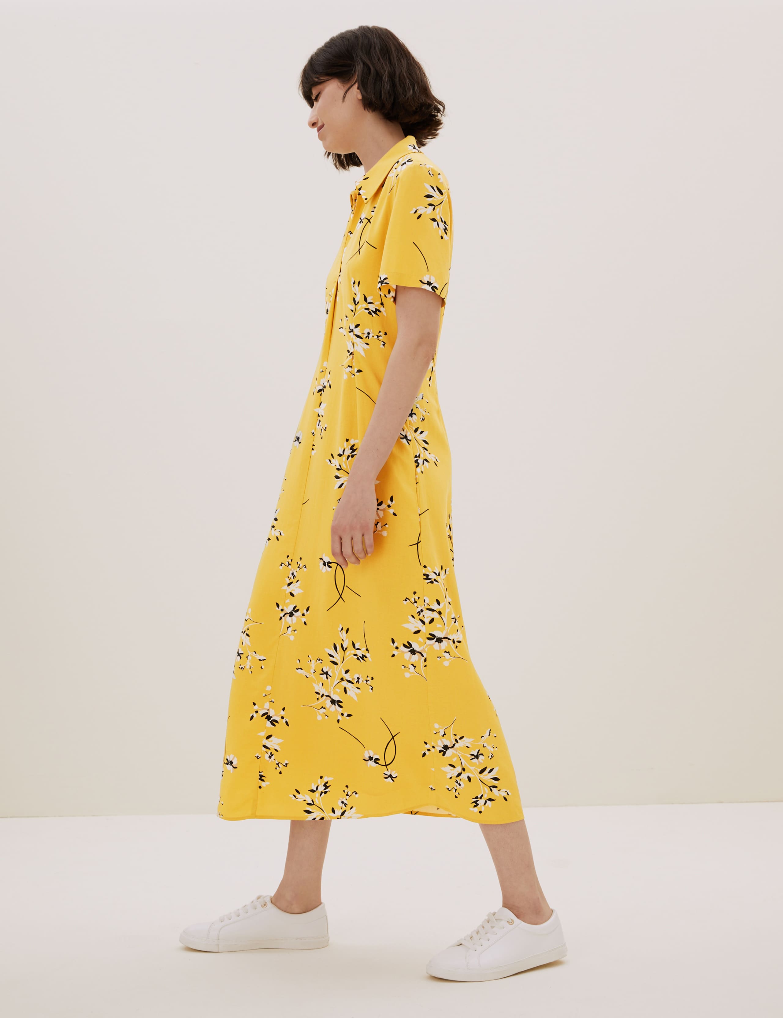 Floral Collared Midi Shirt Dress with Linen 4 of 8