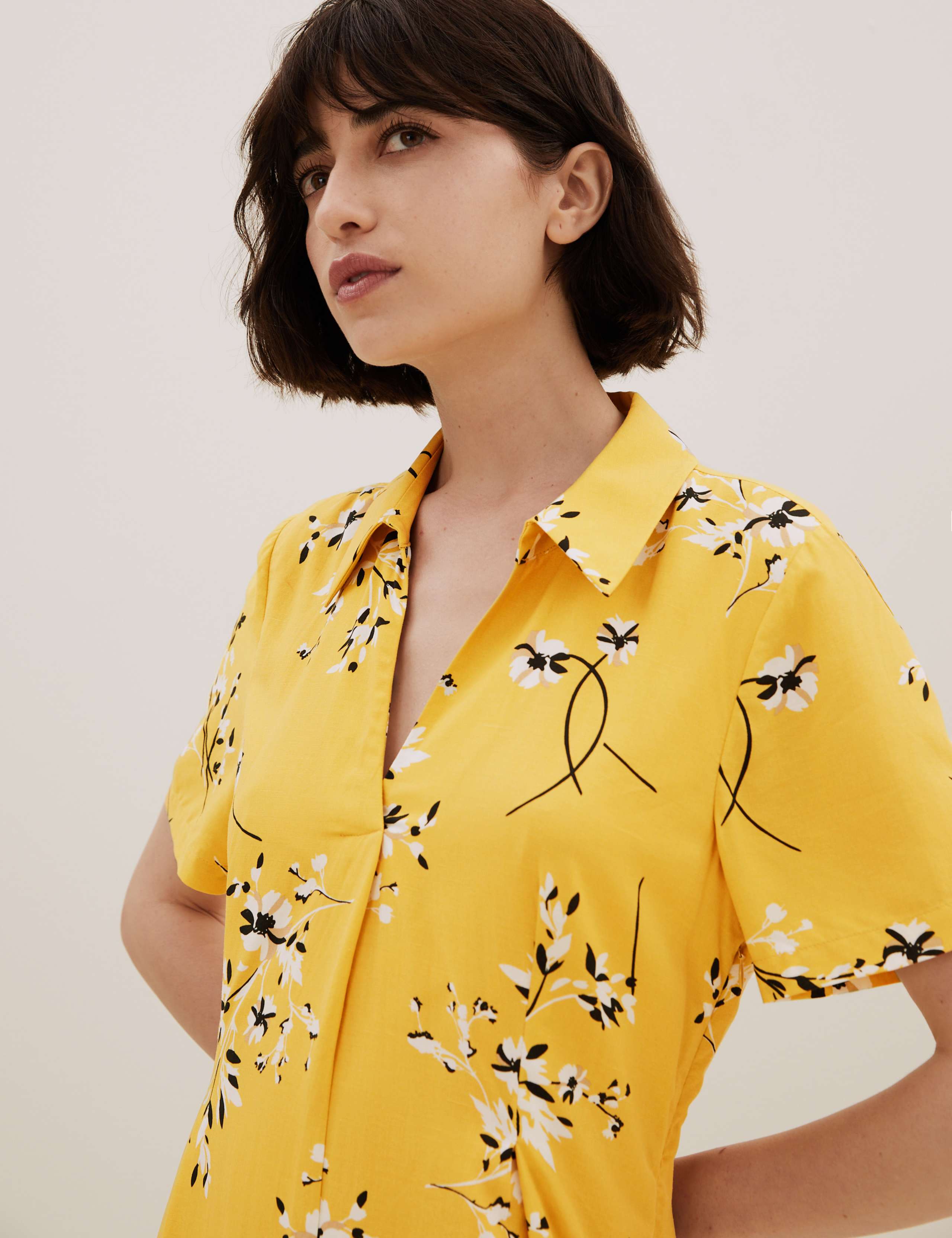 Floral Collared Midi Shirt Dress with Linen 5 of 8