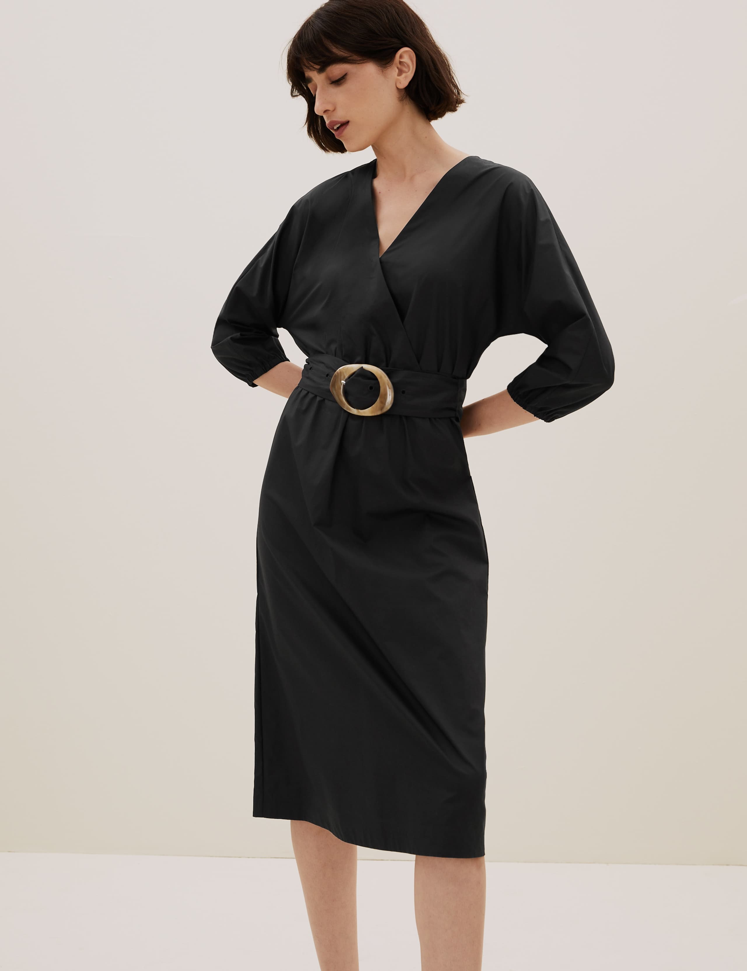 Pure Cotton V-Neck Belted Midi Dress 1 of 7