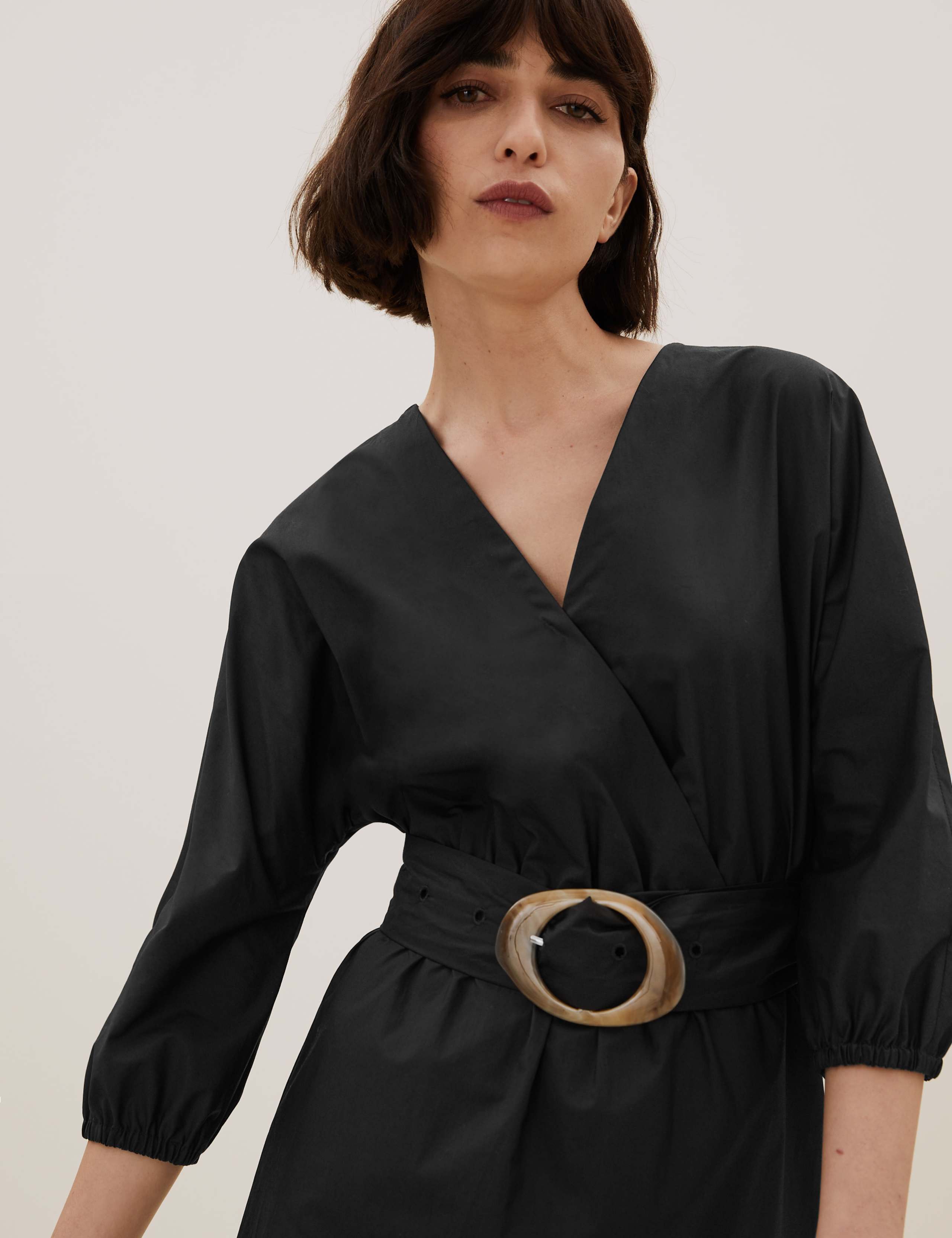 Pure Cotton V-Neck Belted Midi Dress 3 of 7