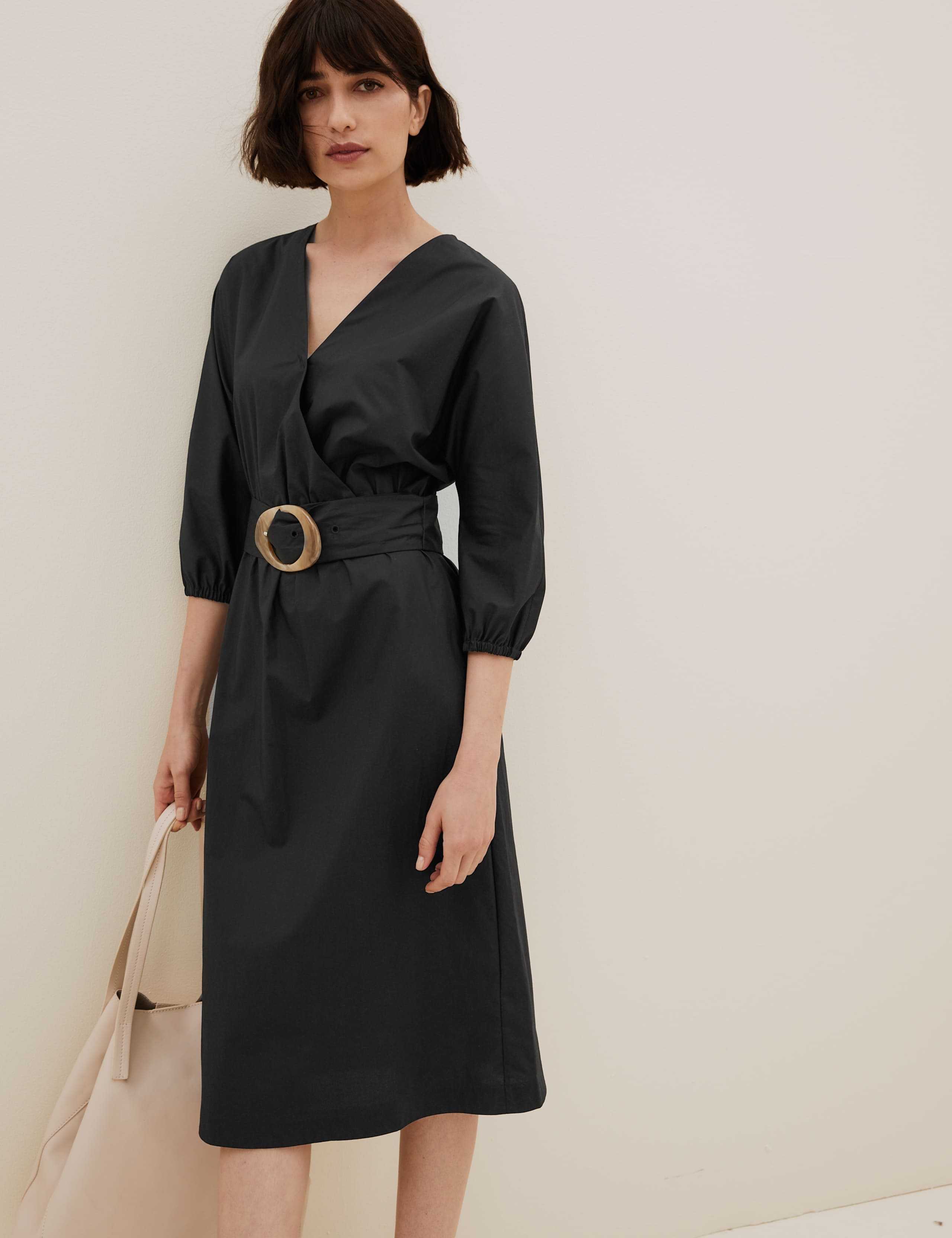 Pure Cotton V-Neck Belted Midi Dress 4 of 7