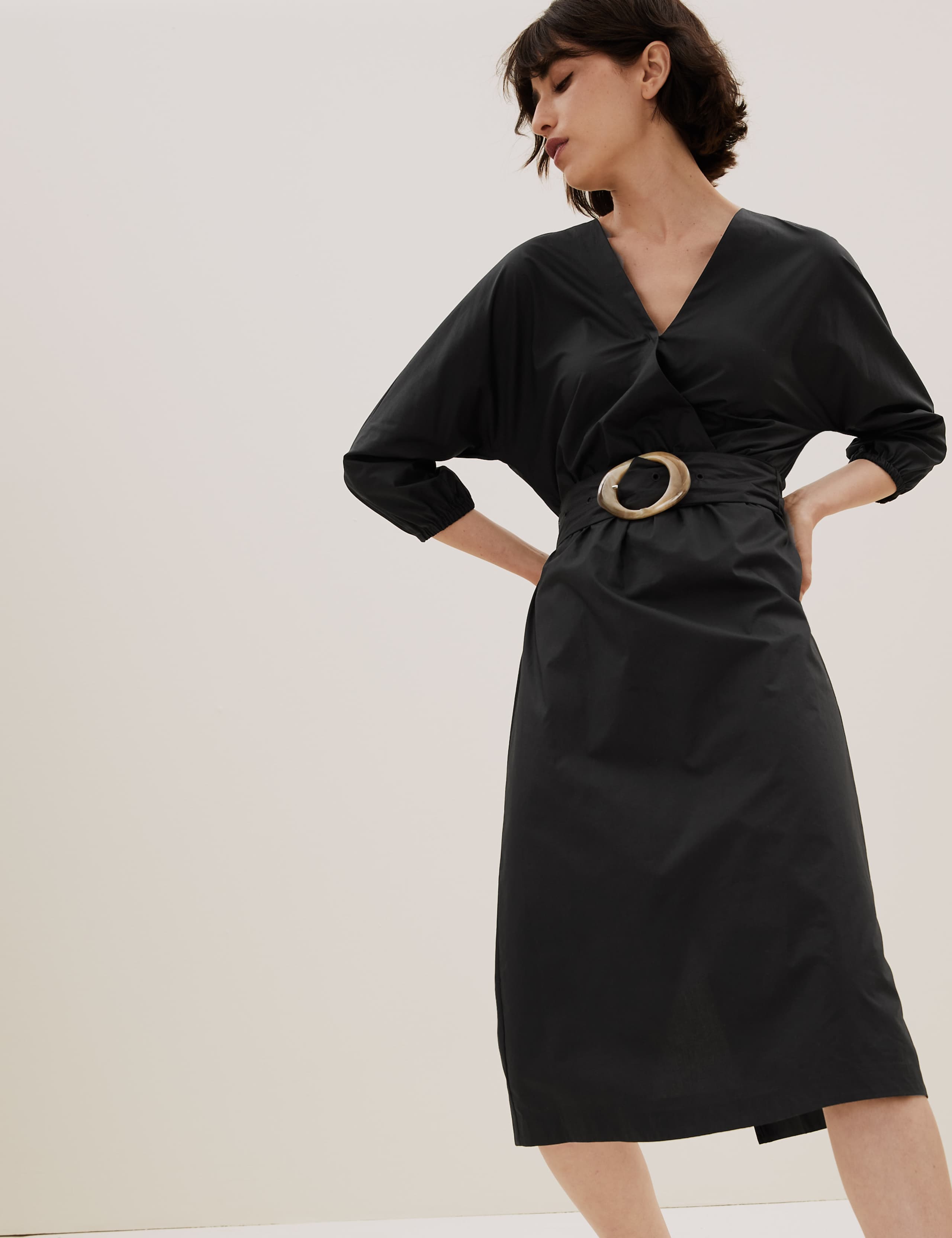 Pure Cotton V-Neck Belted Midi Dress 5 of 7