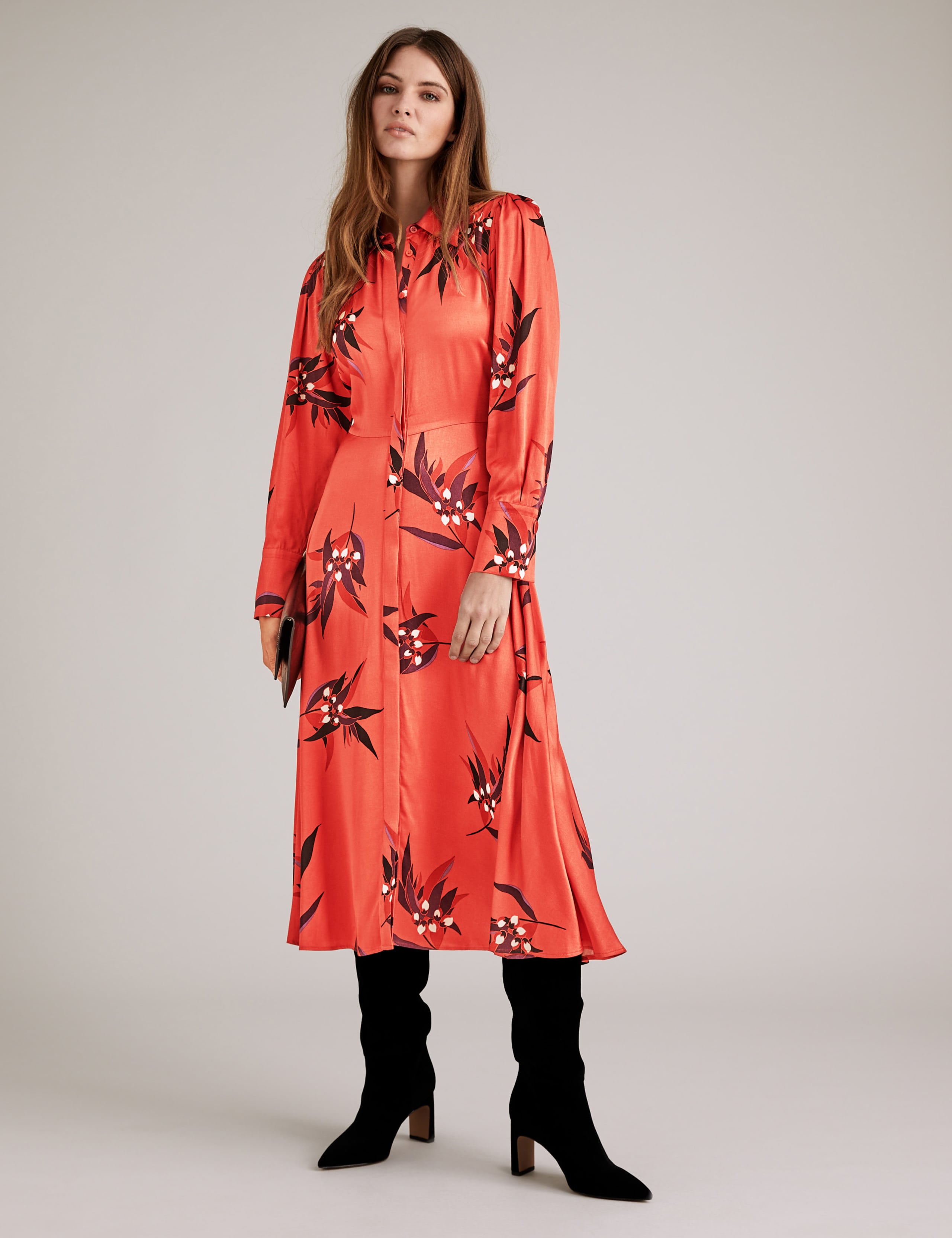 Satin Floral Print Midi Shirt Dress 1 of 5