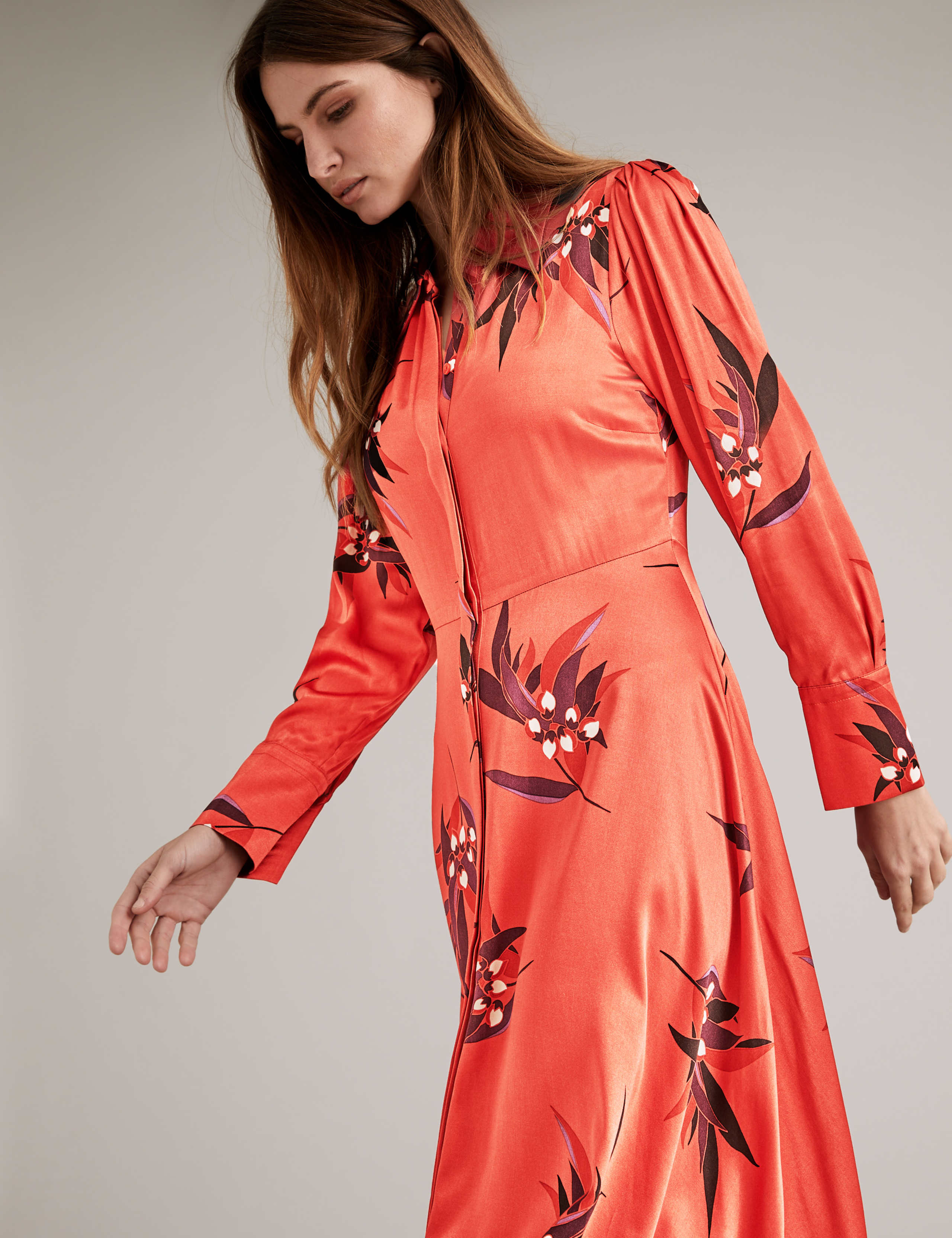 Satin Floral Print Midi Shirt Dress 3 of 5