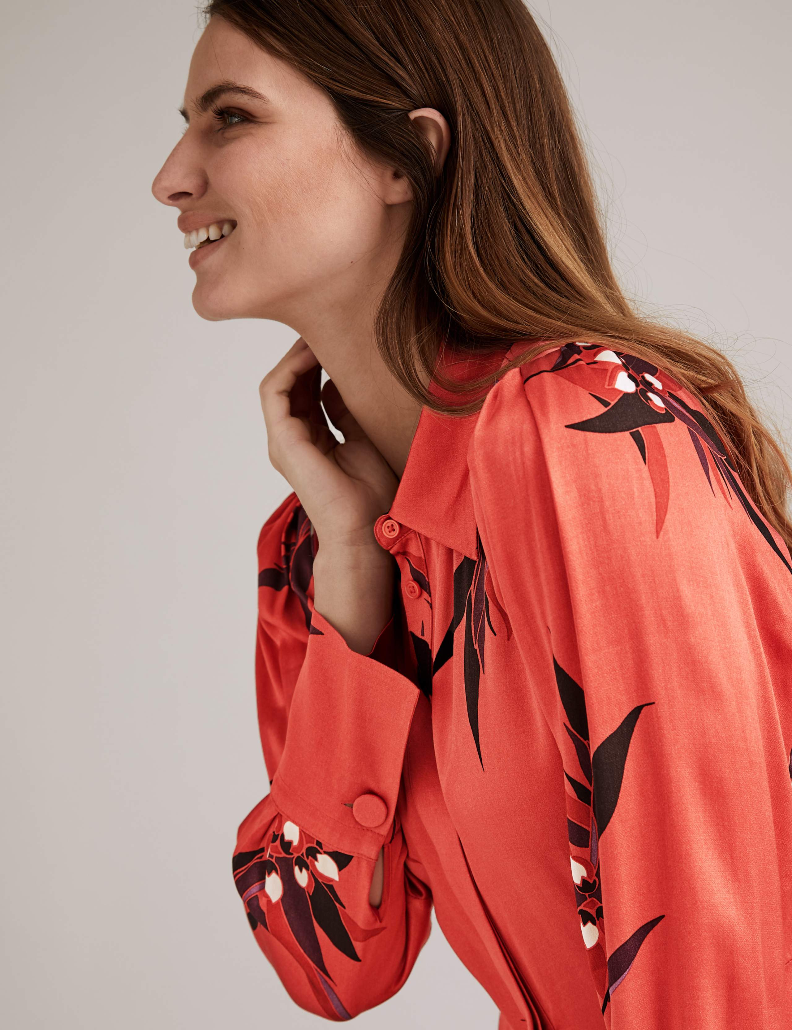Satin Floral Print Midi Shirt Dress 4 of 5