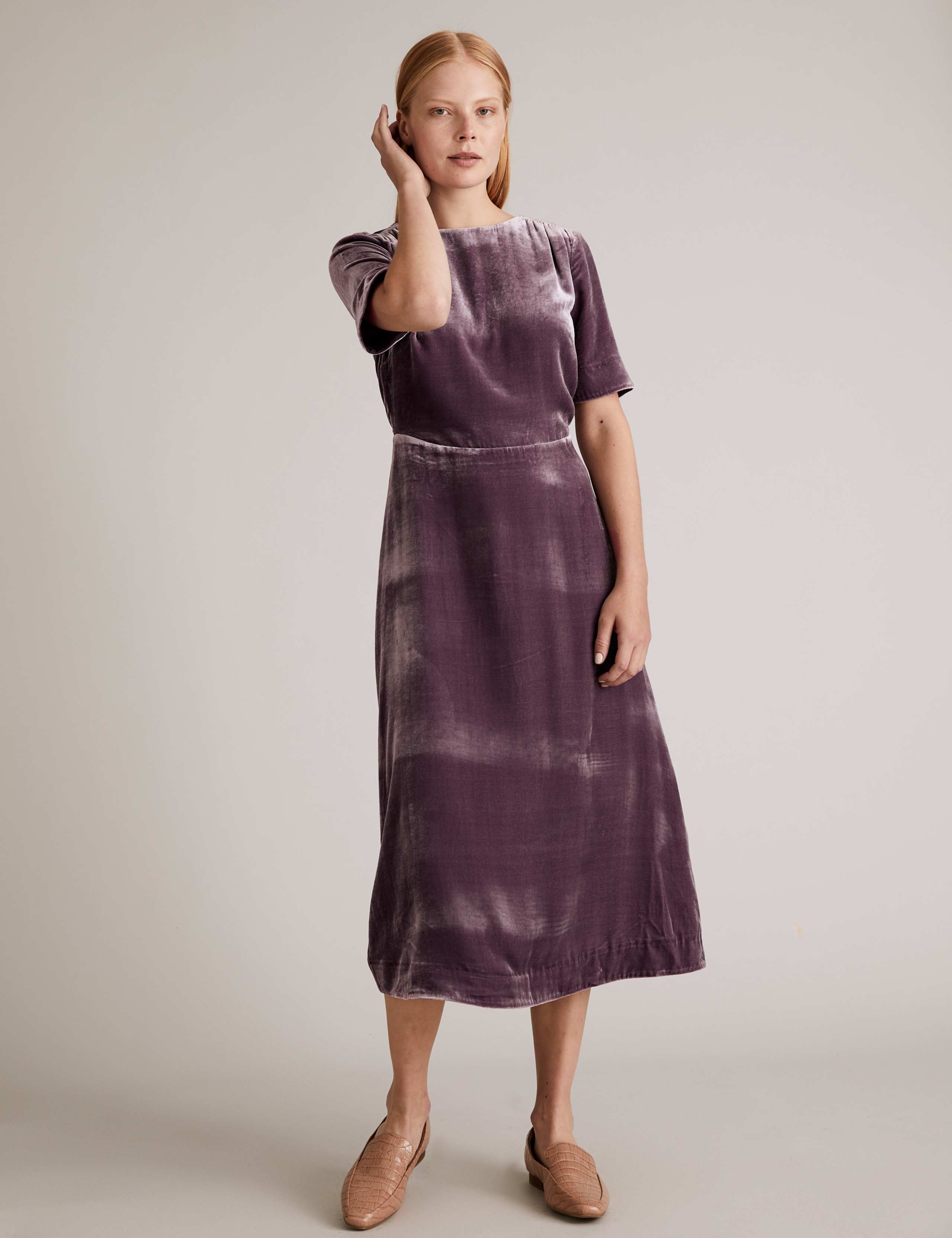 Velvet Midi Waisted Dress with Silk 3 of 5