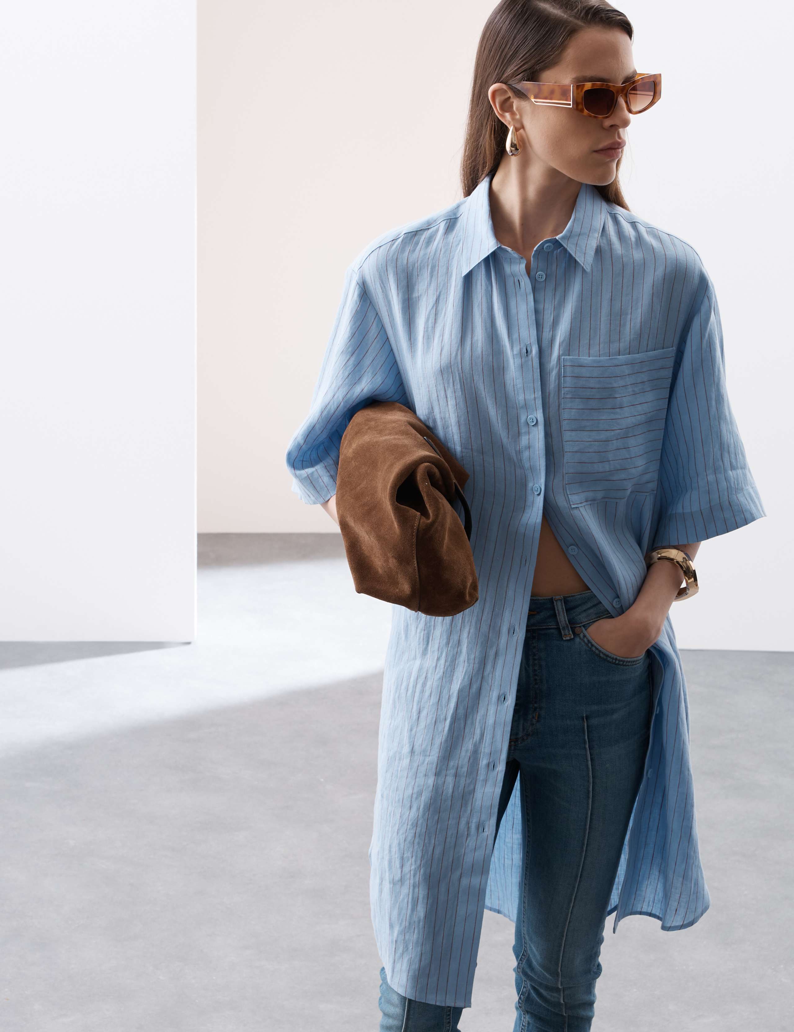 Linen Rich Striped Knee Length Shirt Dress 5 of 7