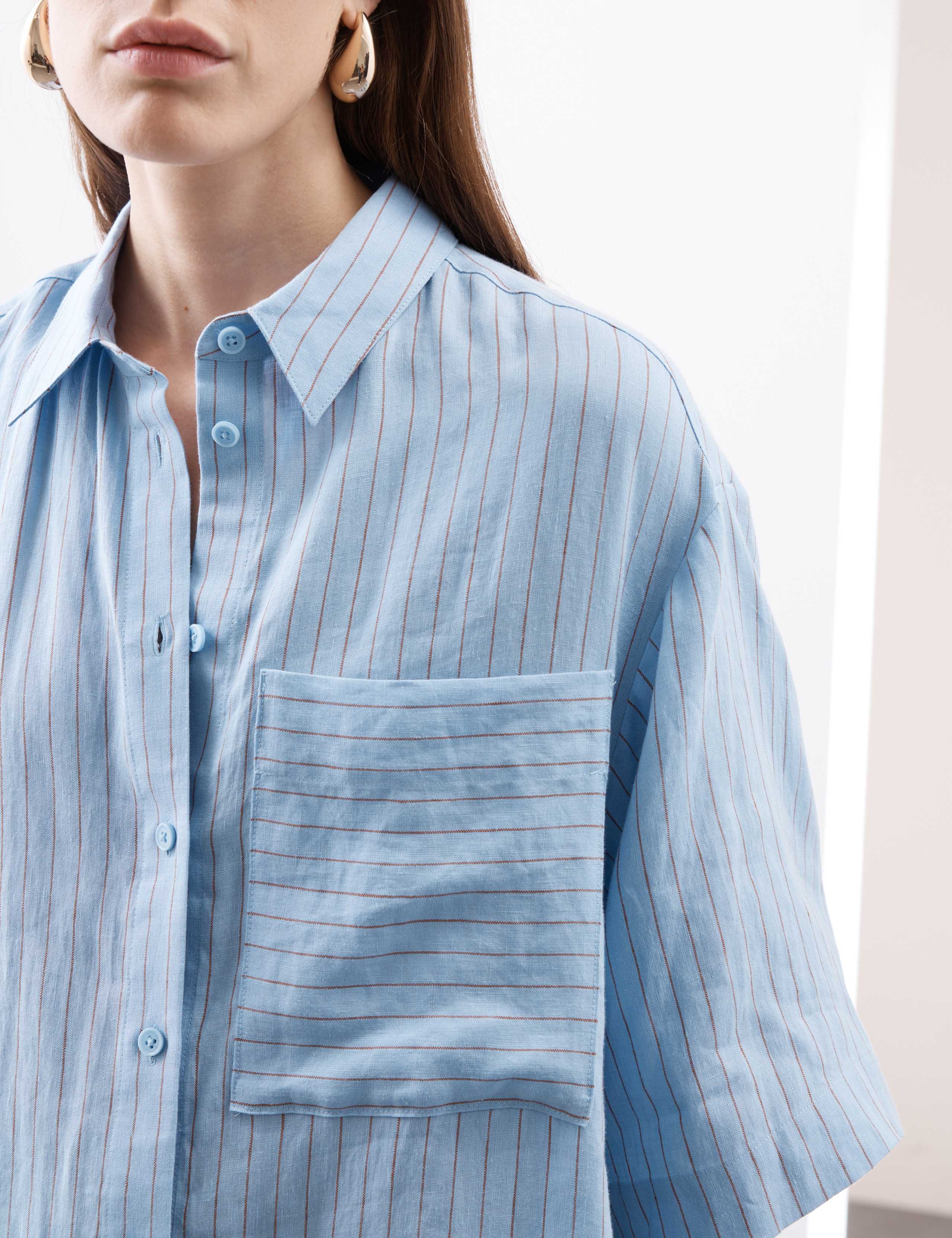 Linen Rich Striped Knee Length Shirt Dress 6 of 7