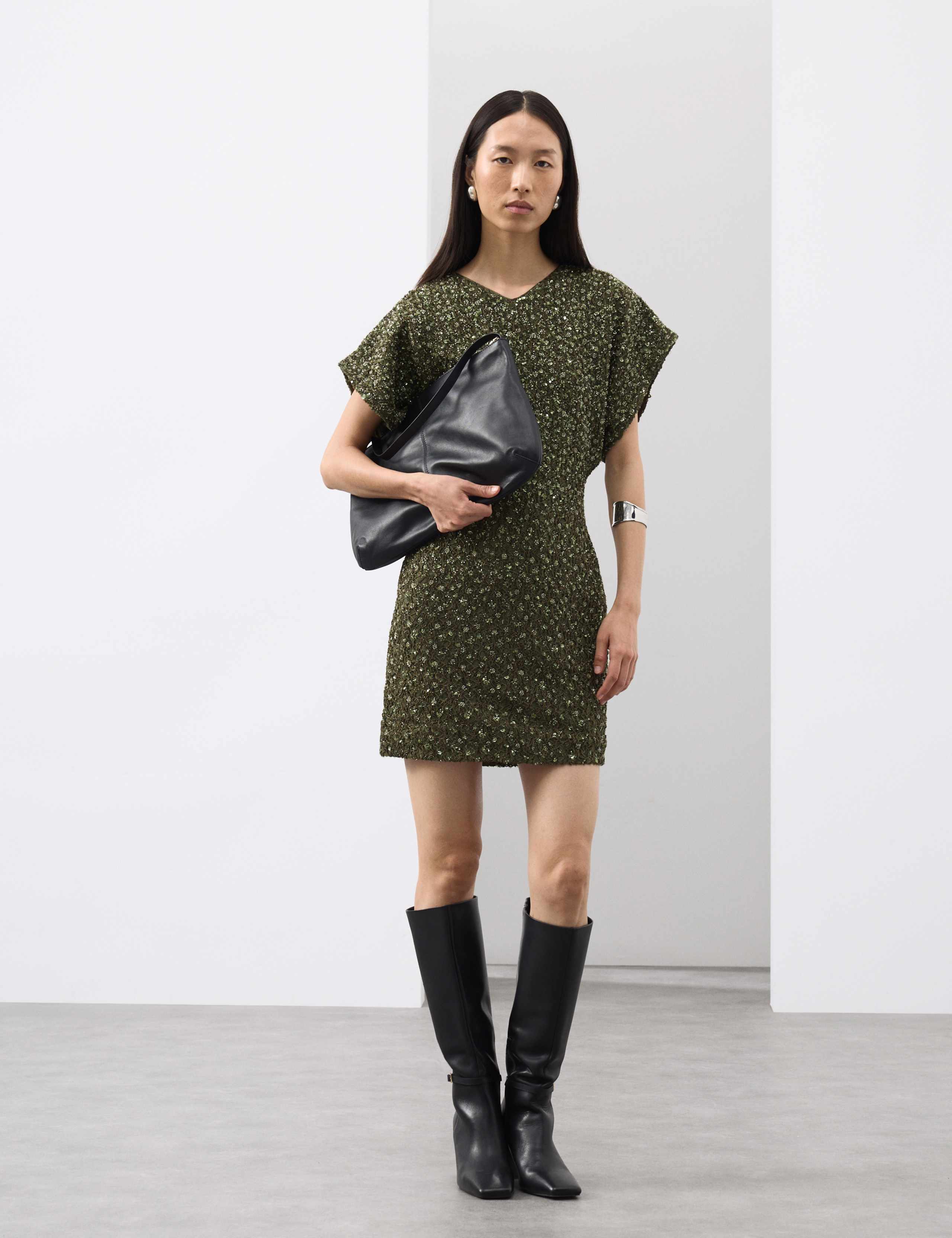 Beaded V-Neck Mini Fitted Shift Dress 3 of 6