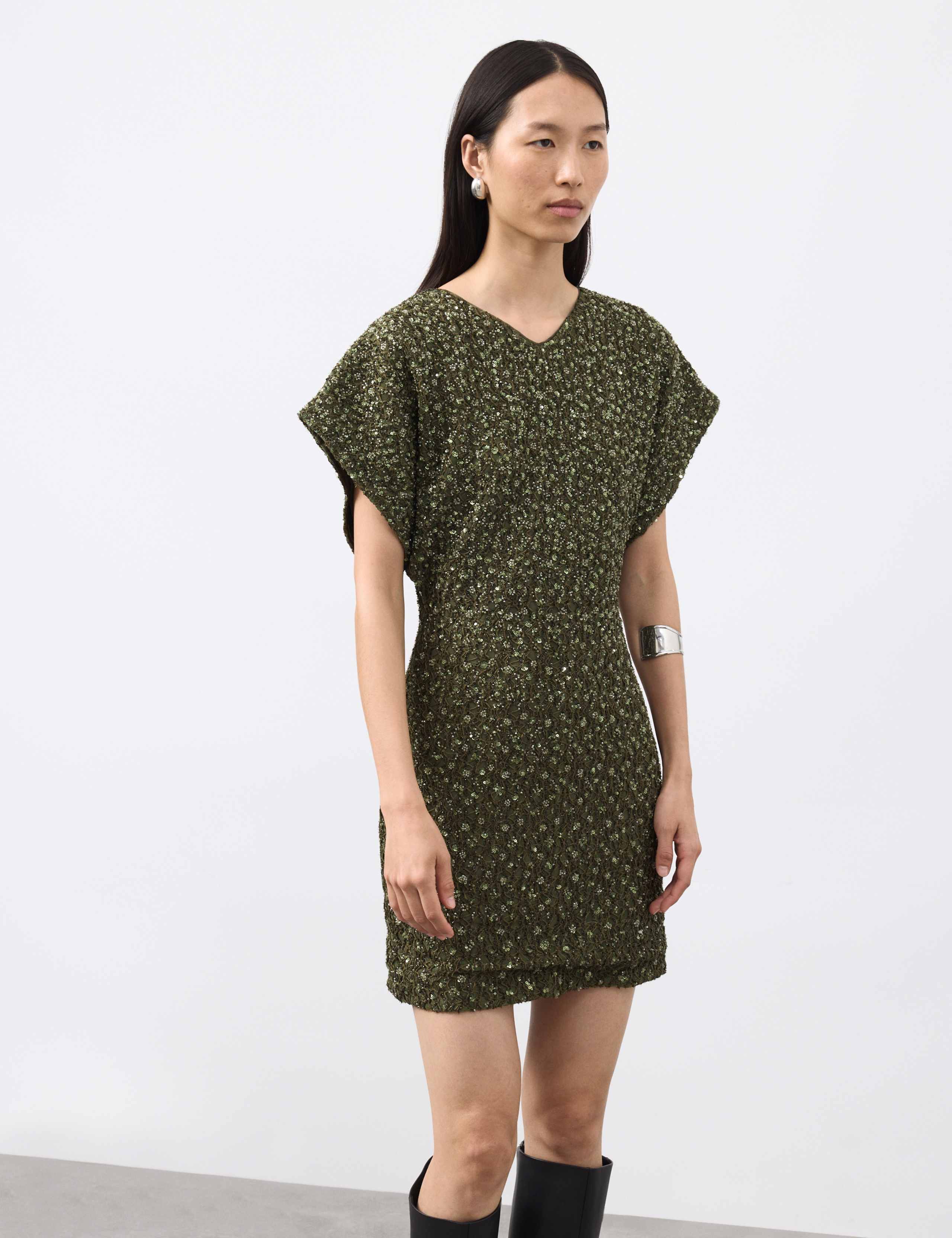 Beaded V-Neck Mini Fitted Shift Dress 5 of 6