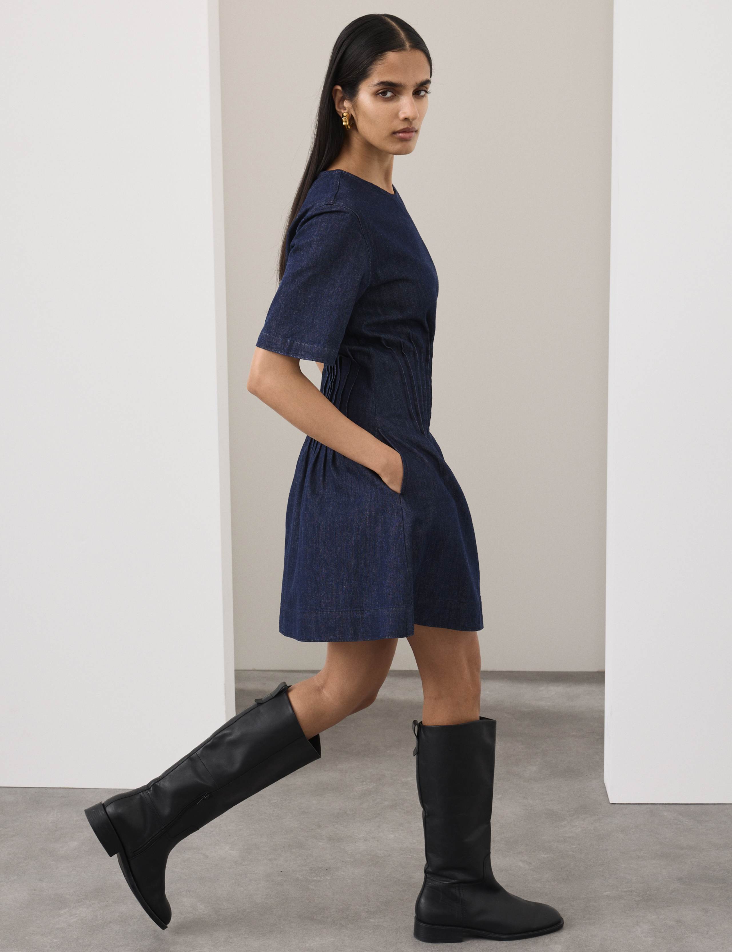 Denim Pintuck Mini Skater Dress 4 of 7