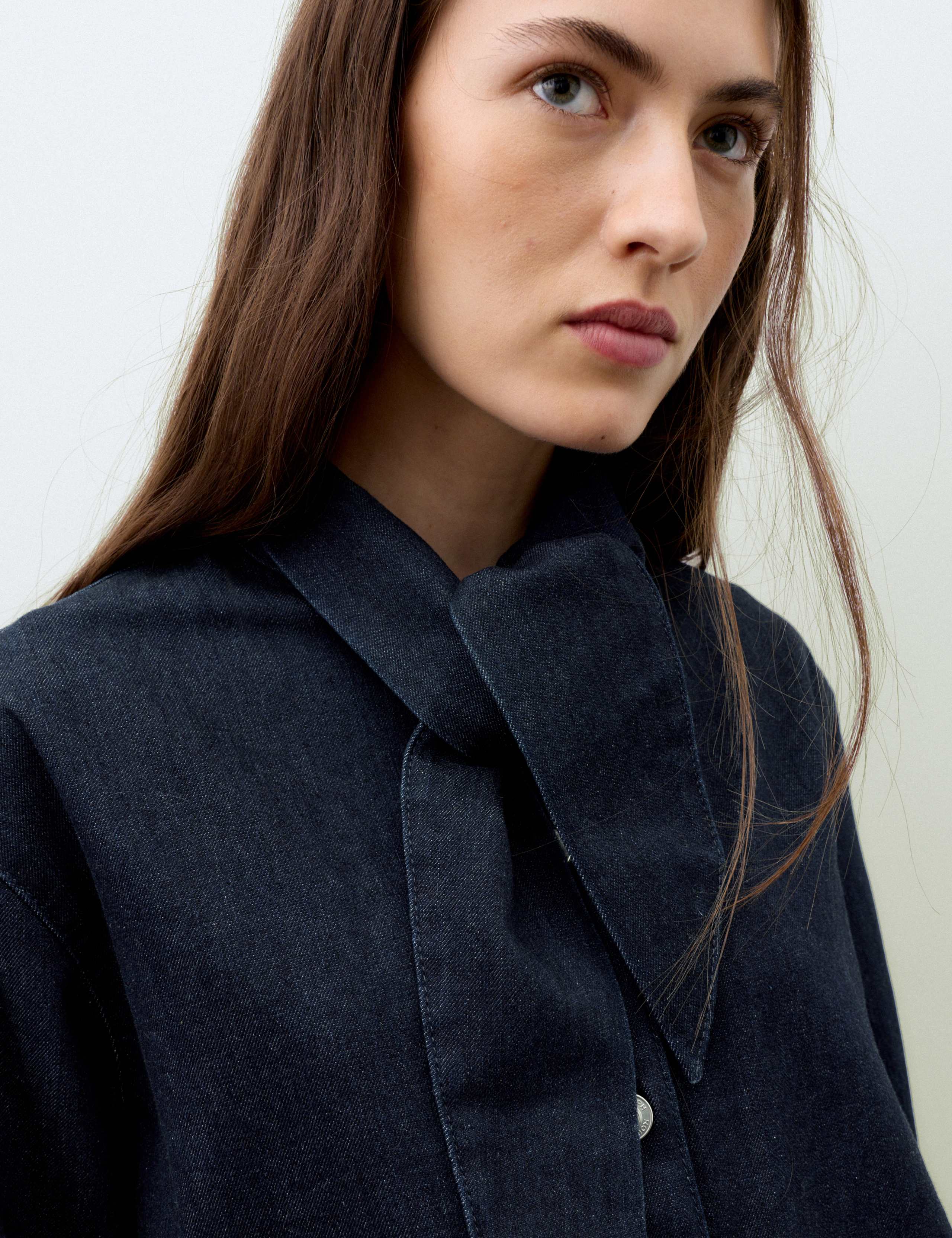 Denim Tie Neck Mini Shirt Dress 6 of 6