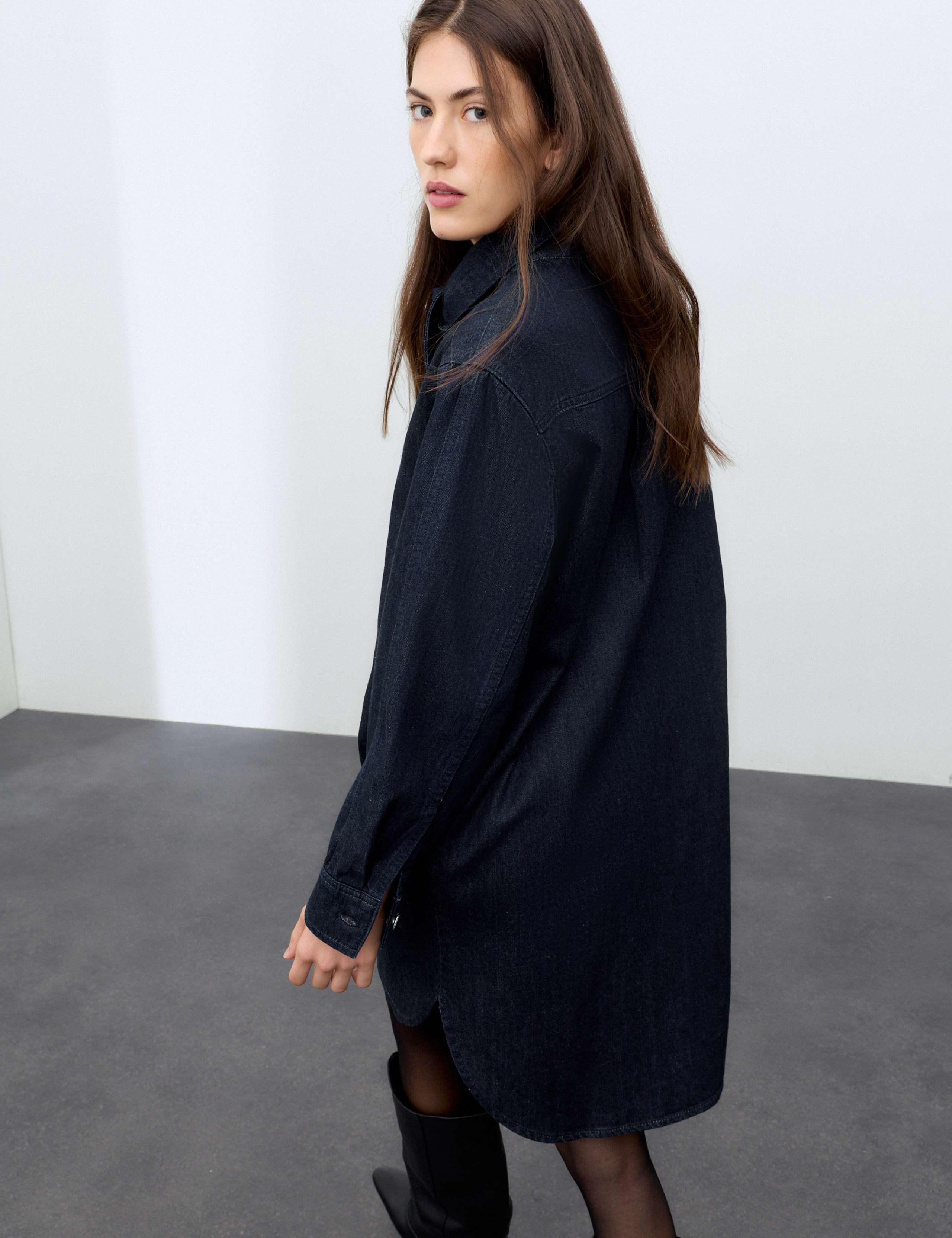 Denim Tie Neck Mini Shirt Dress 3 of 6