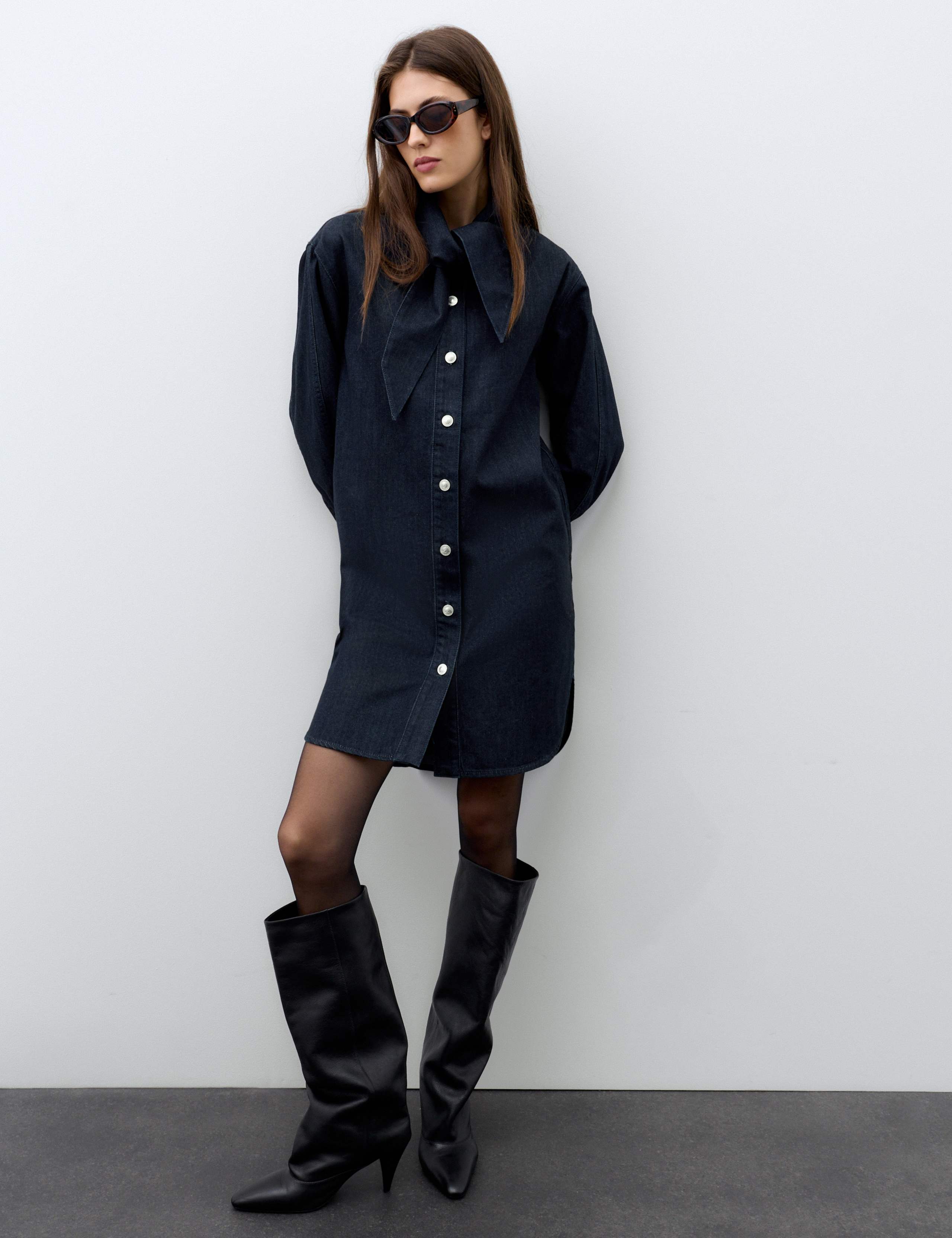 Denim Tie Neck Mini Shirt Dress 4 of 6