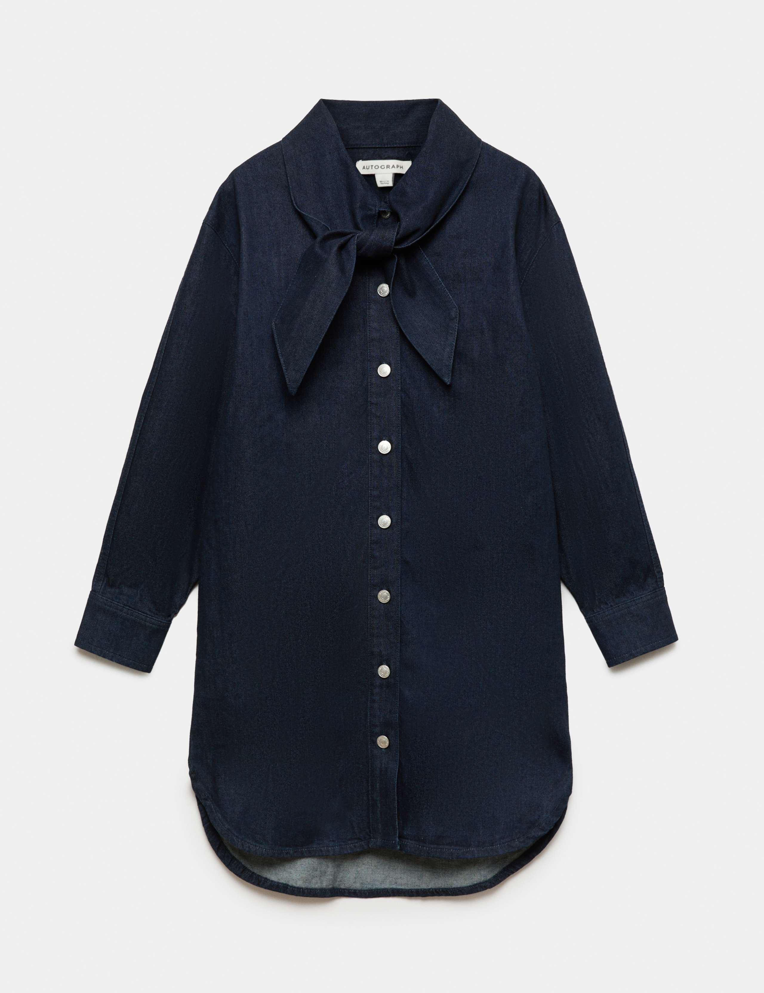 Denim Tie Neck Mini Shirt Dress 2 of 6