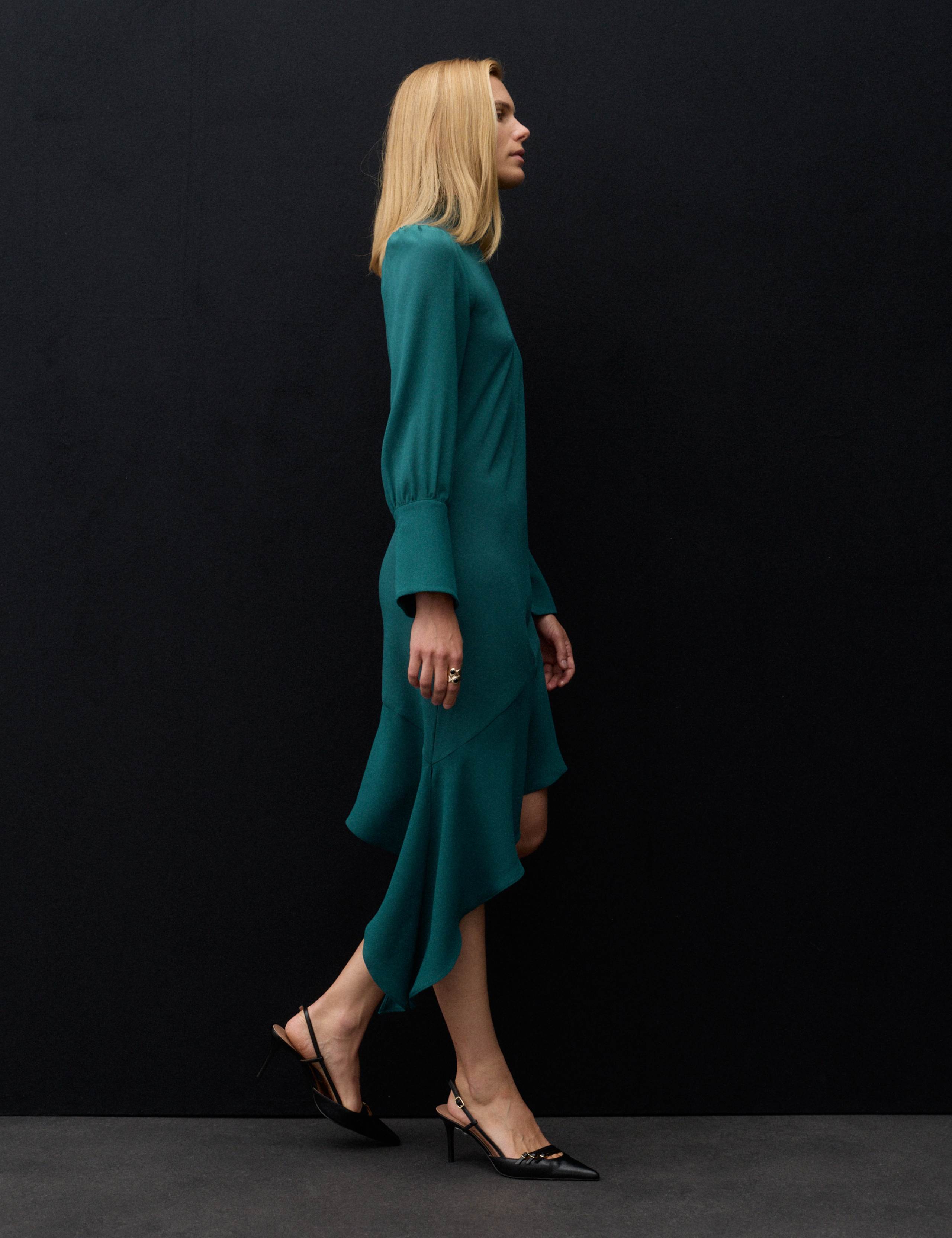 Satin Crepe Asymmetric Midi Waisted Dress 4 of 7