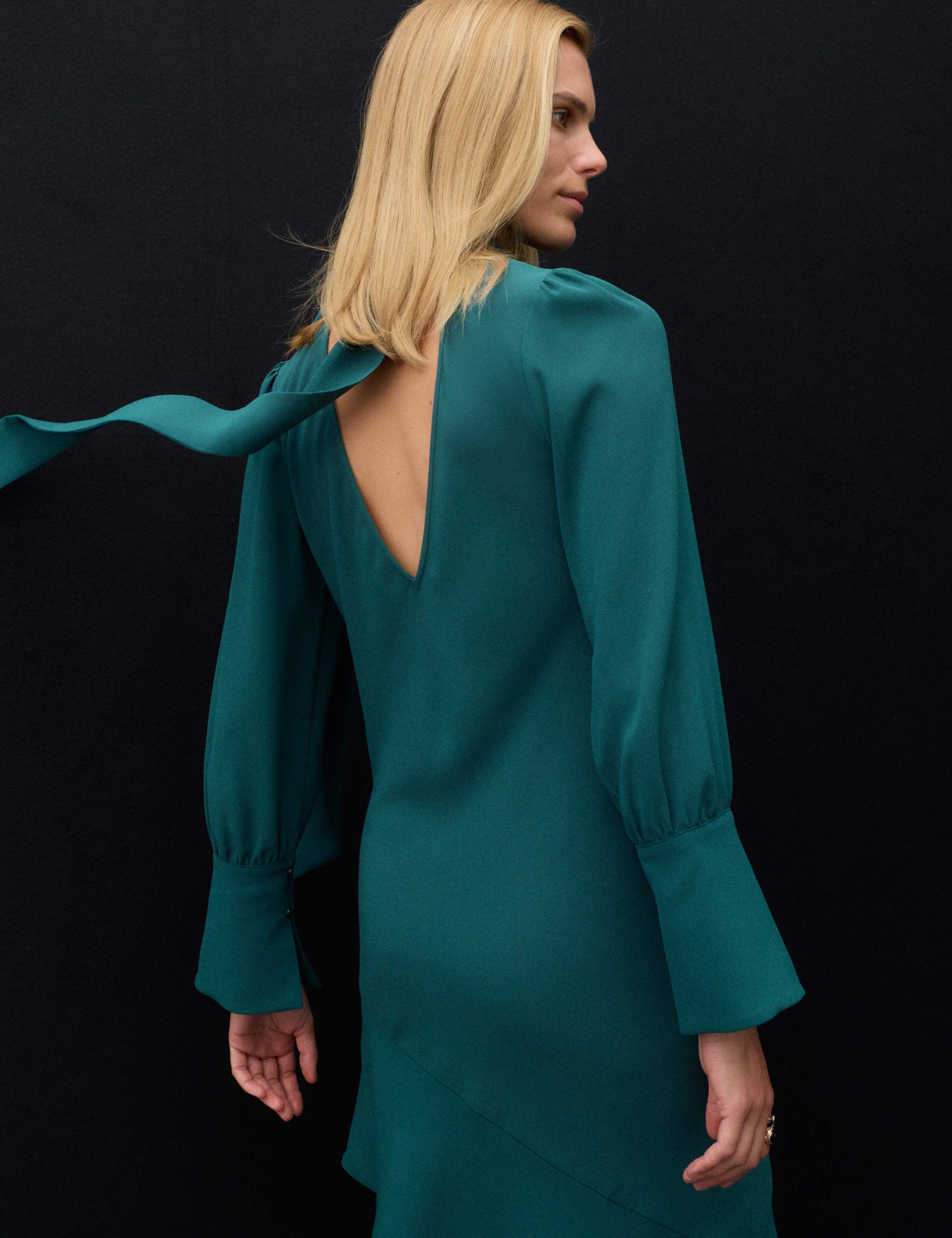 Satin Crepe Asymmetric Midi Waisted Dress 5 of 7