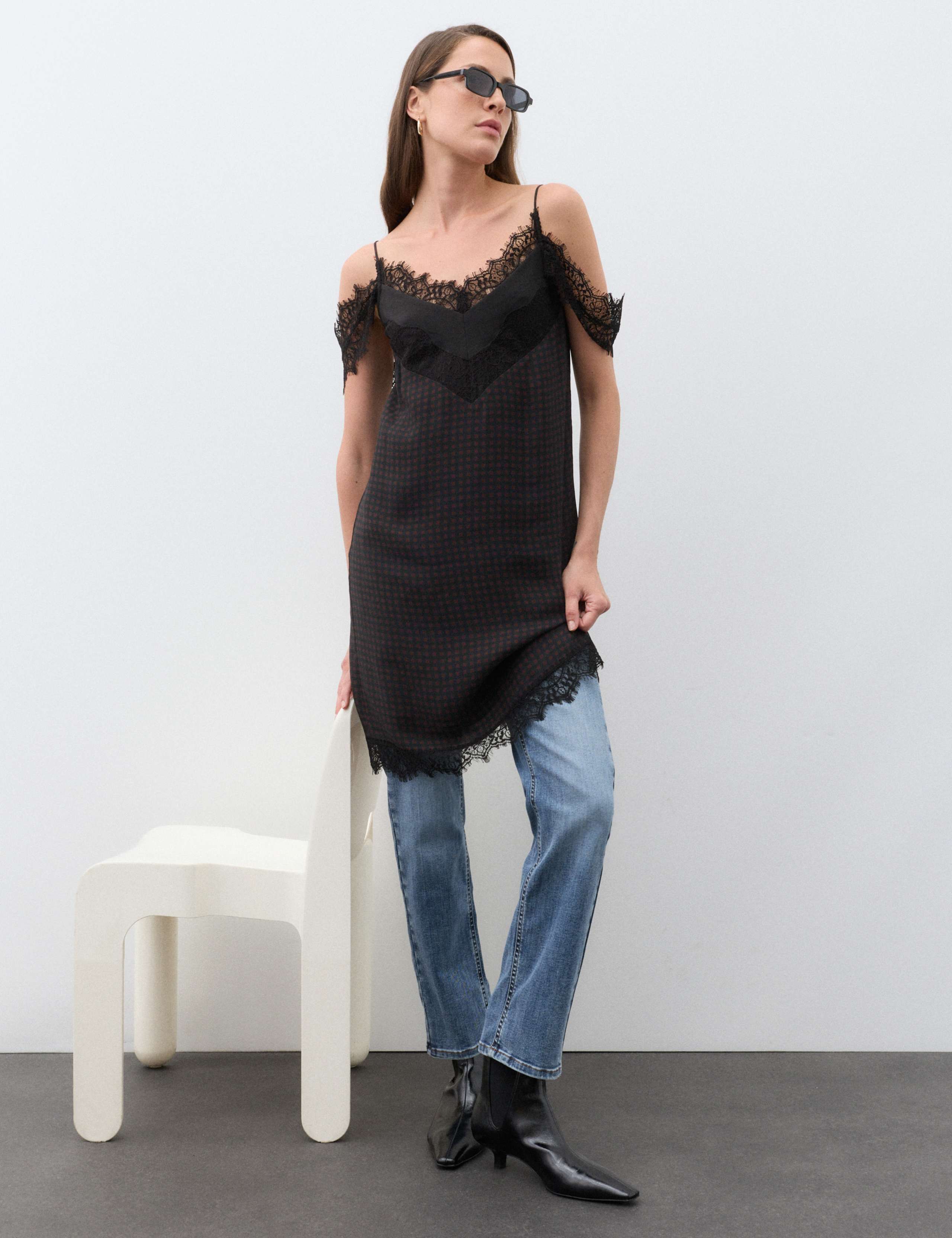 Checked Lace Trim Mini Slip Dress 5 of 8