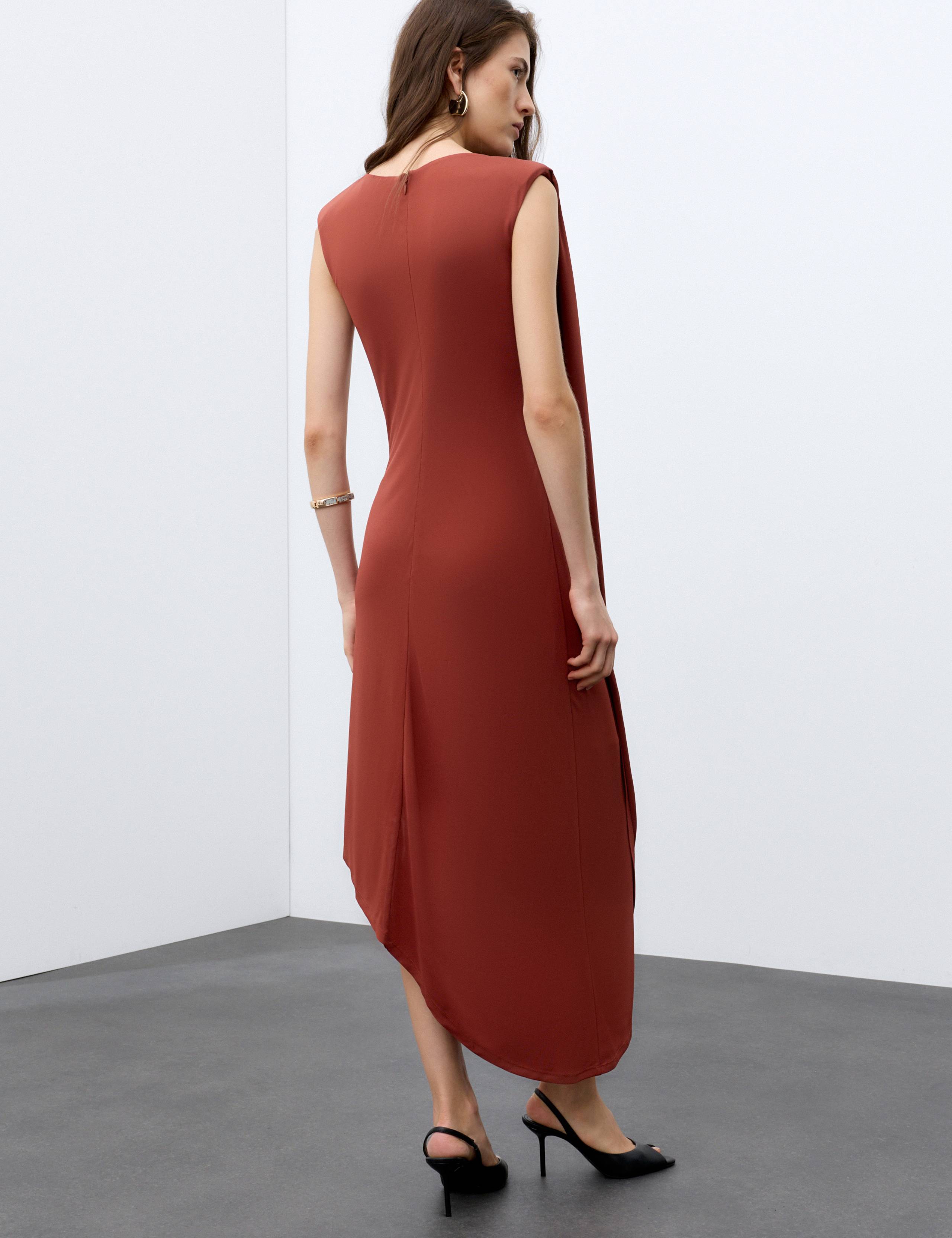 Jersey Round Neck Draped Midi Column Dress 3 of 6