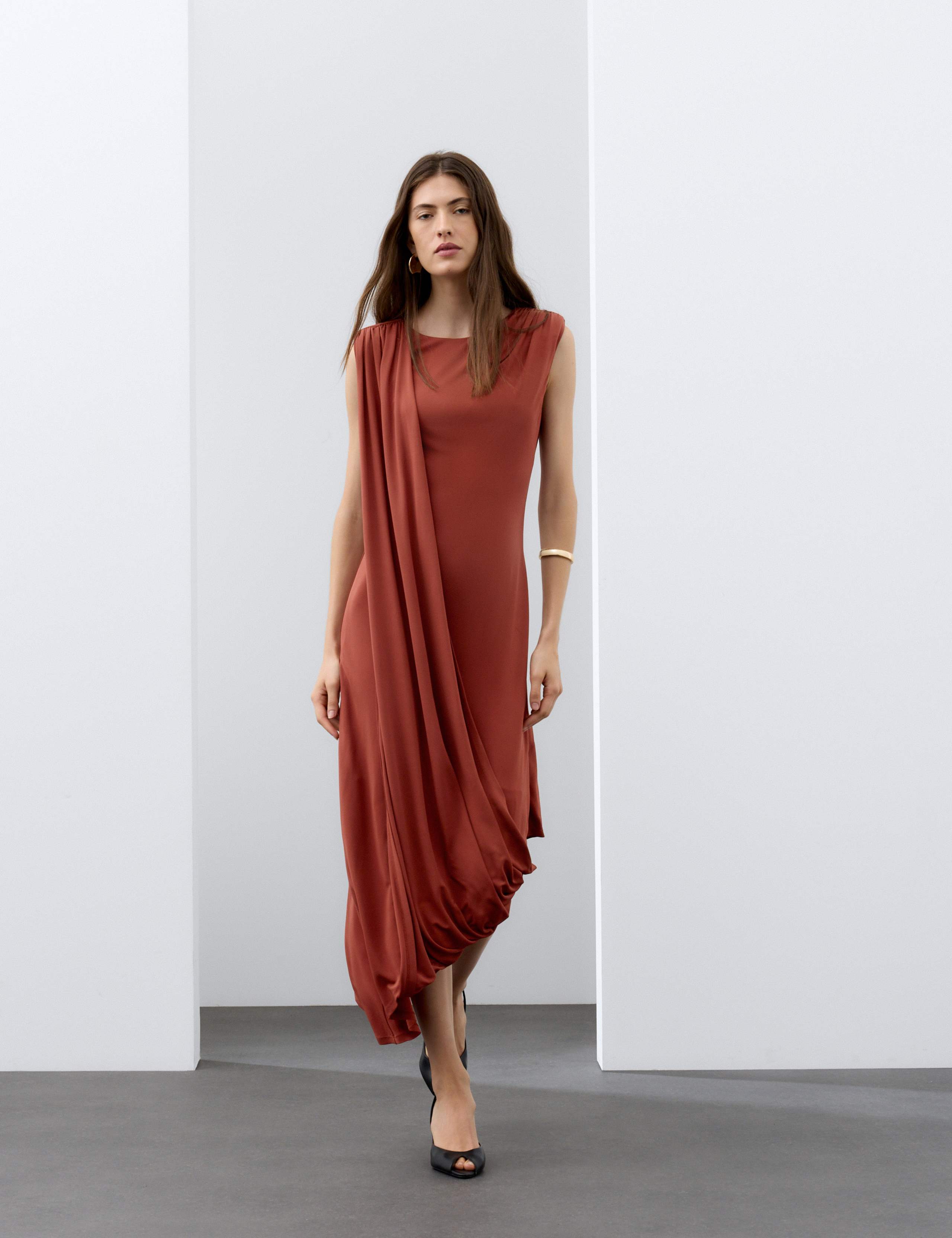 Jersey Round Neck Draped Midi Column Dress 4 of 6