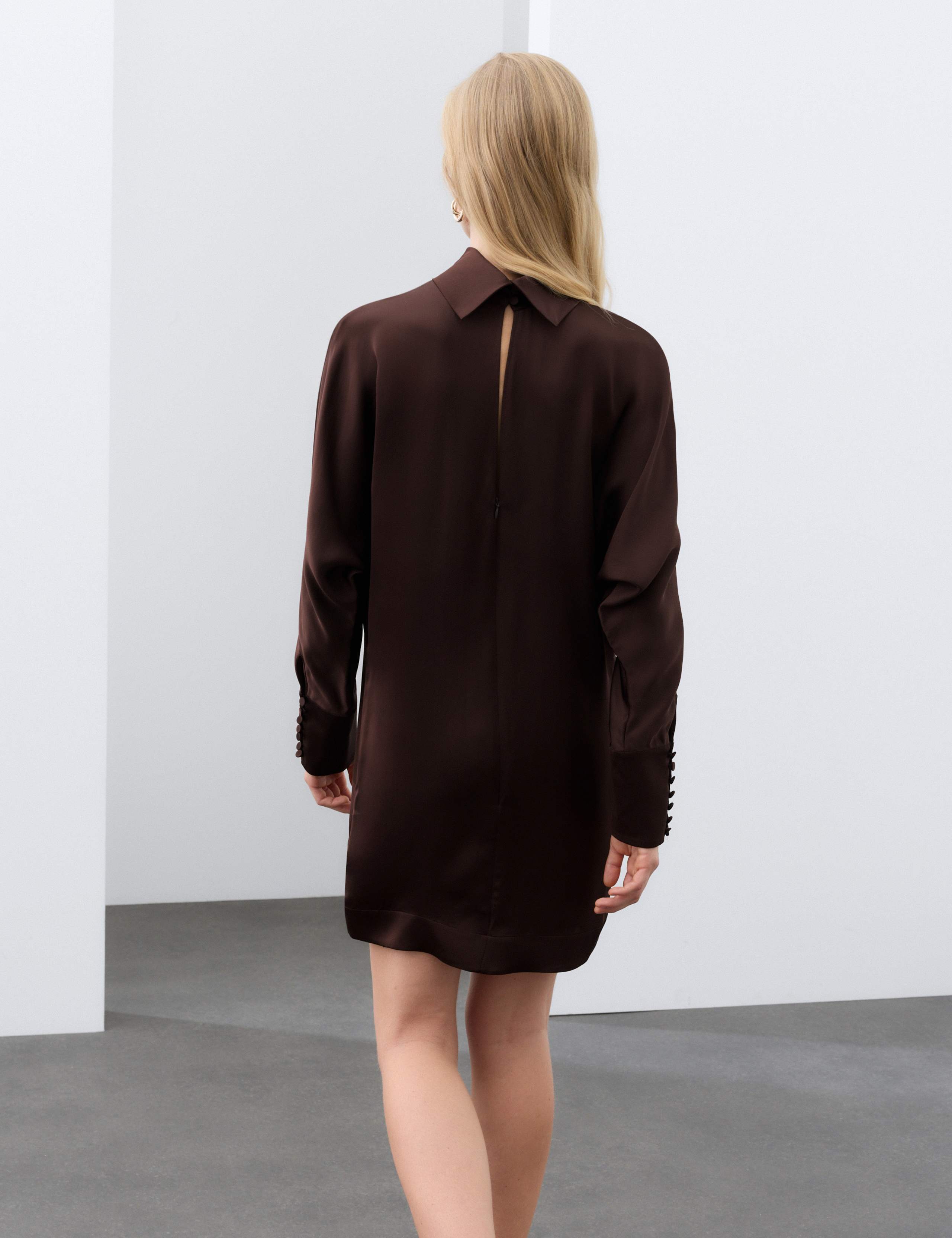 Satin High Neck Button Detail Mini Shift Dress 3 of 7