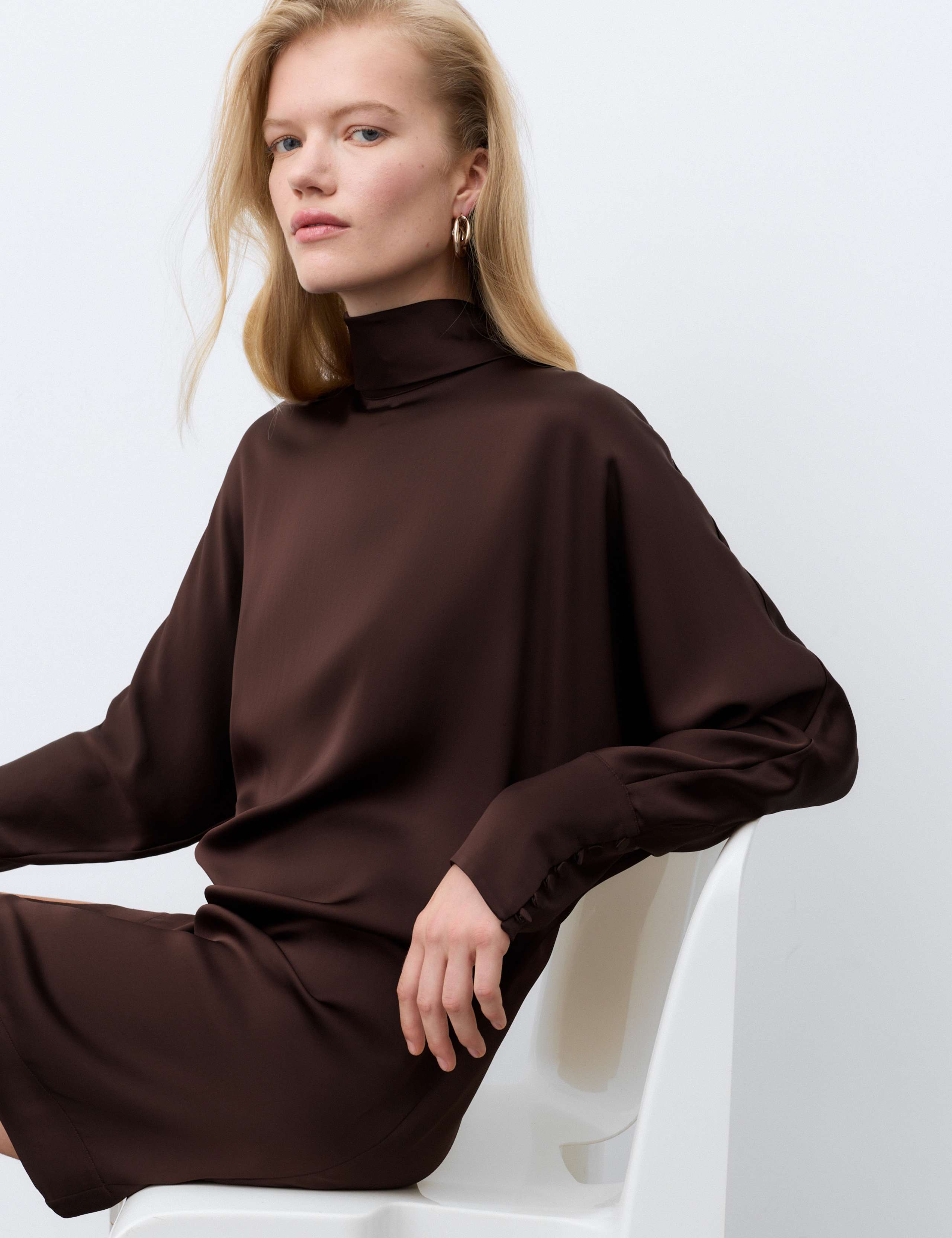 Satin High Neck Button Detail Mini Shift Dress 4 of 7