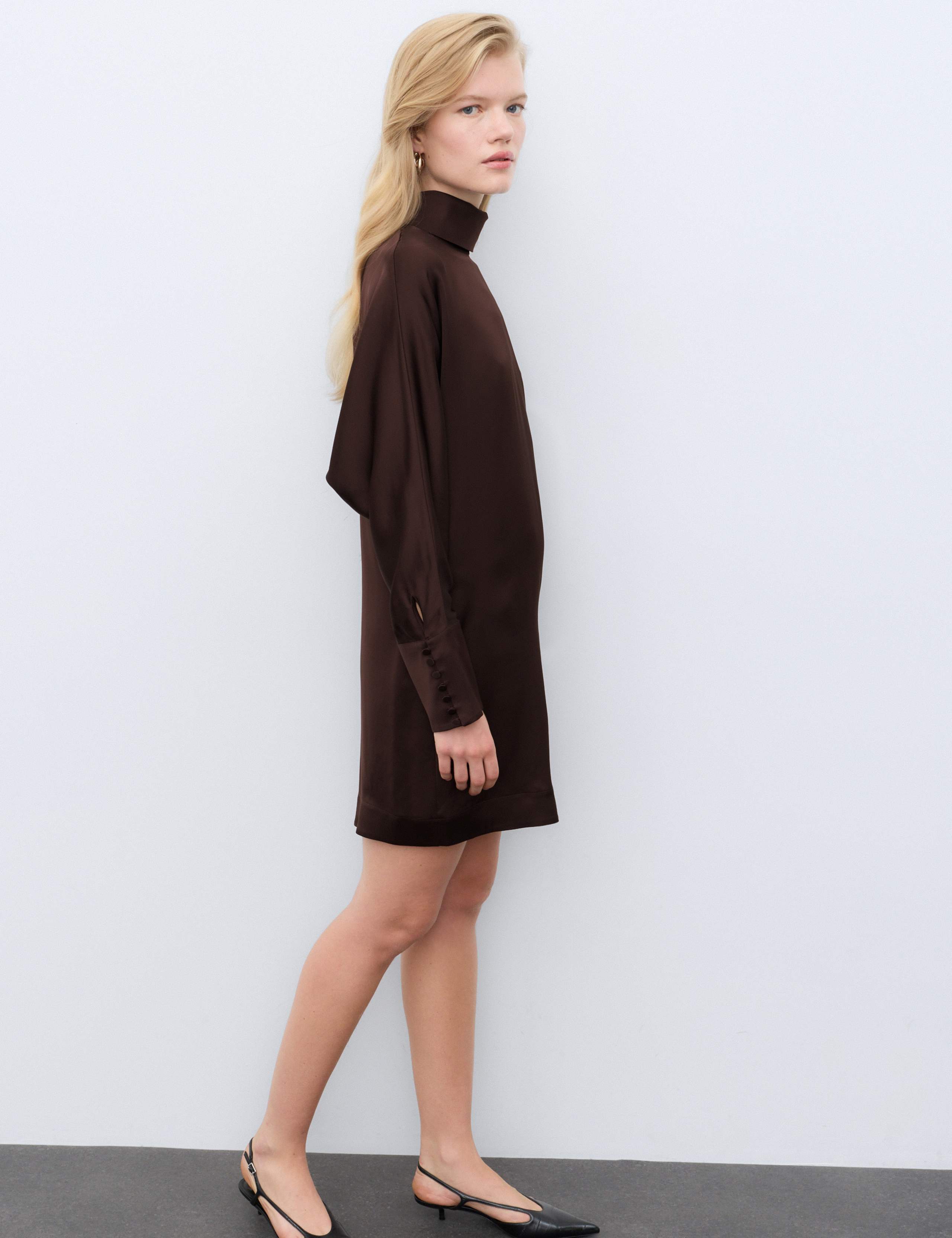 Satin High Neck Button Detail Mini Shift Dress 5 of 7