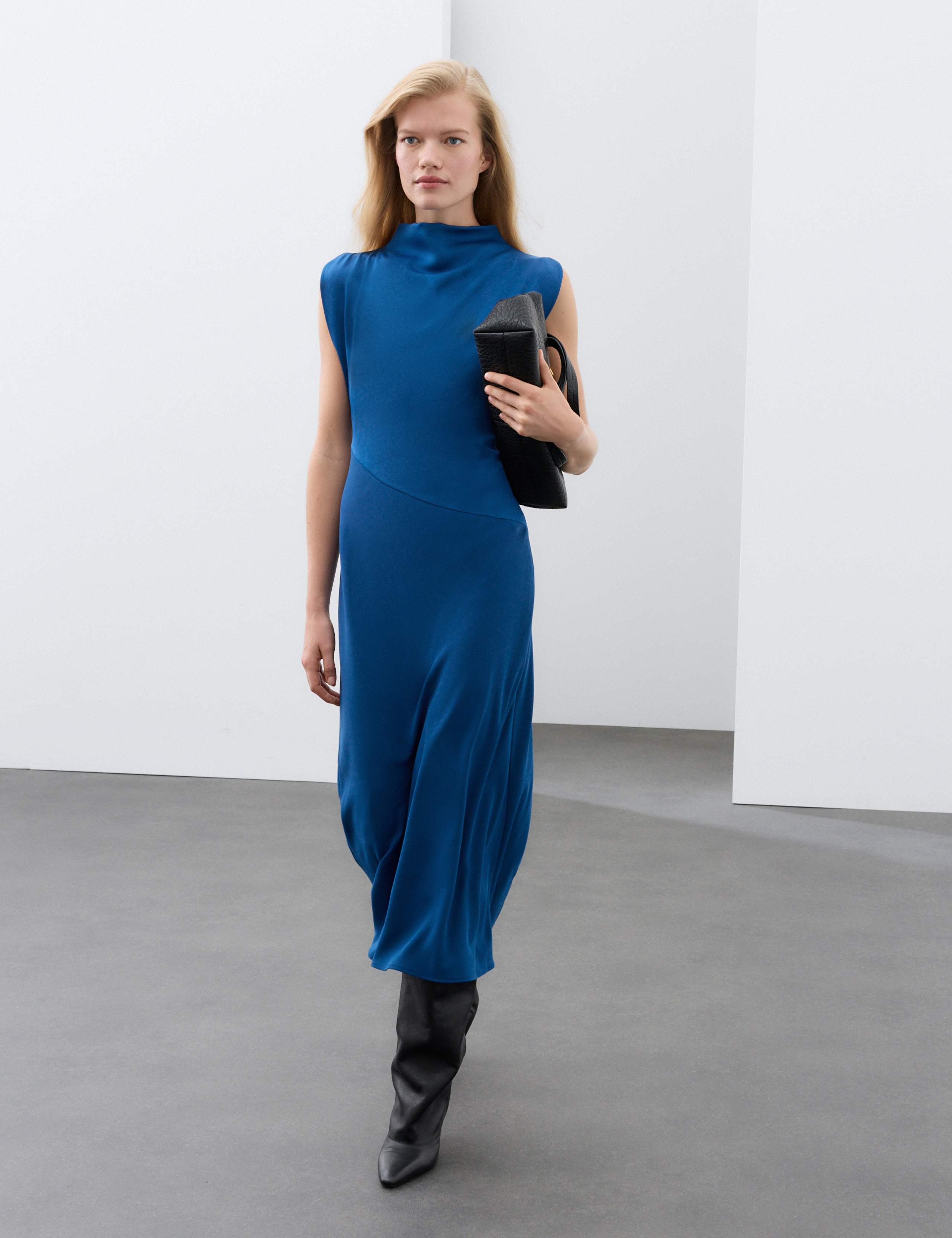Satin Crepe High Cowl Neck Midi Column Dress 1 of 7