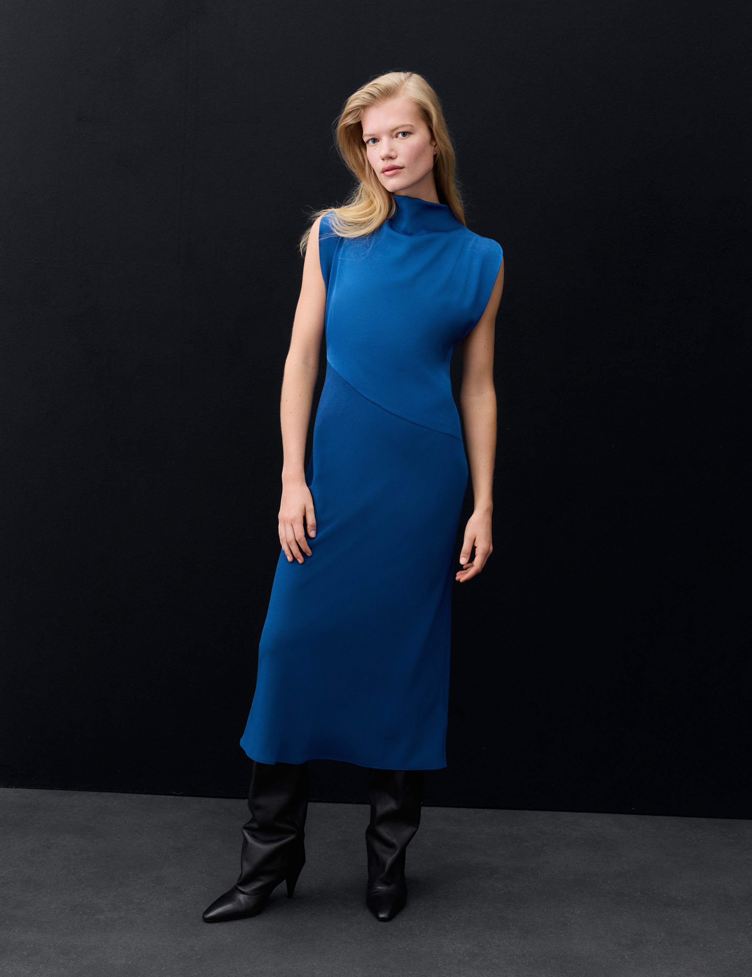 Satin Crepe High Cowl Neck Midi Column Dress 4 of 7