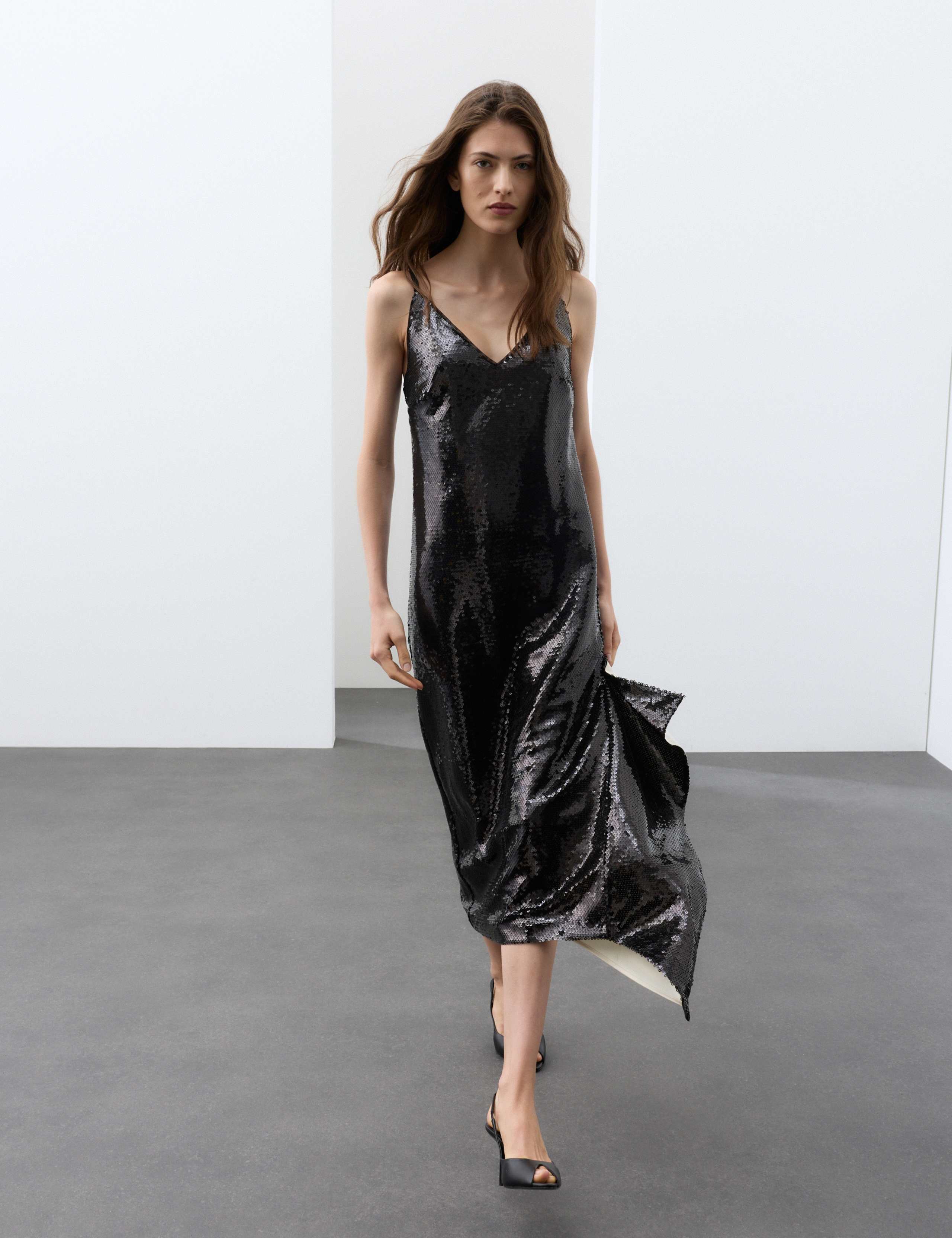Sequin V Neck Frill Detail Midi Slip Dress 1 of 7