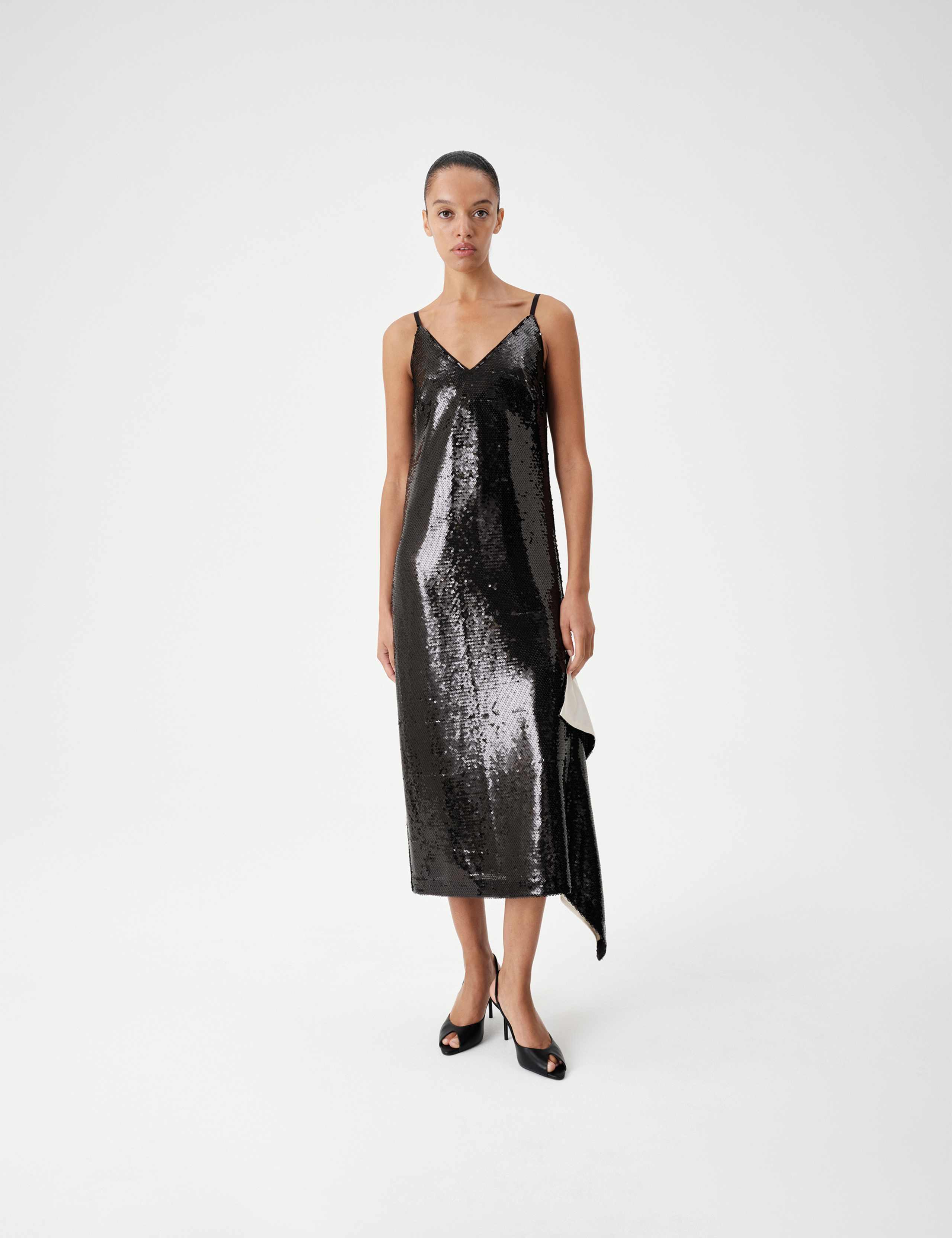 Sequin V Neck Frill Detail Midi Slip Dress 3 of 9