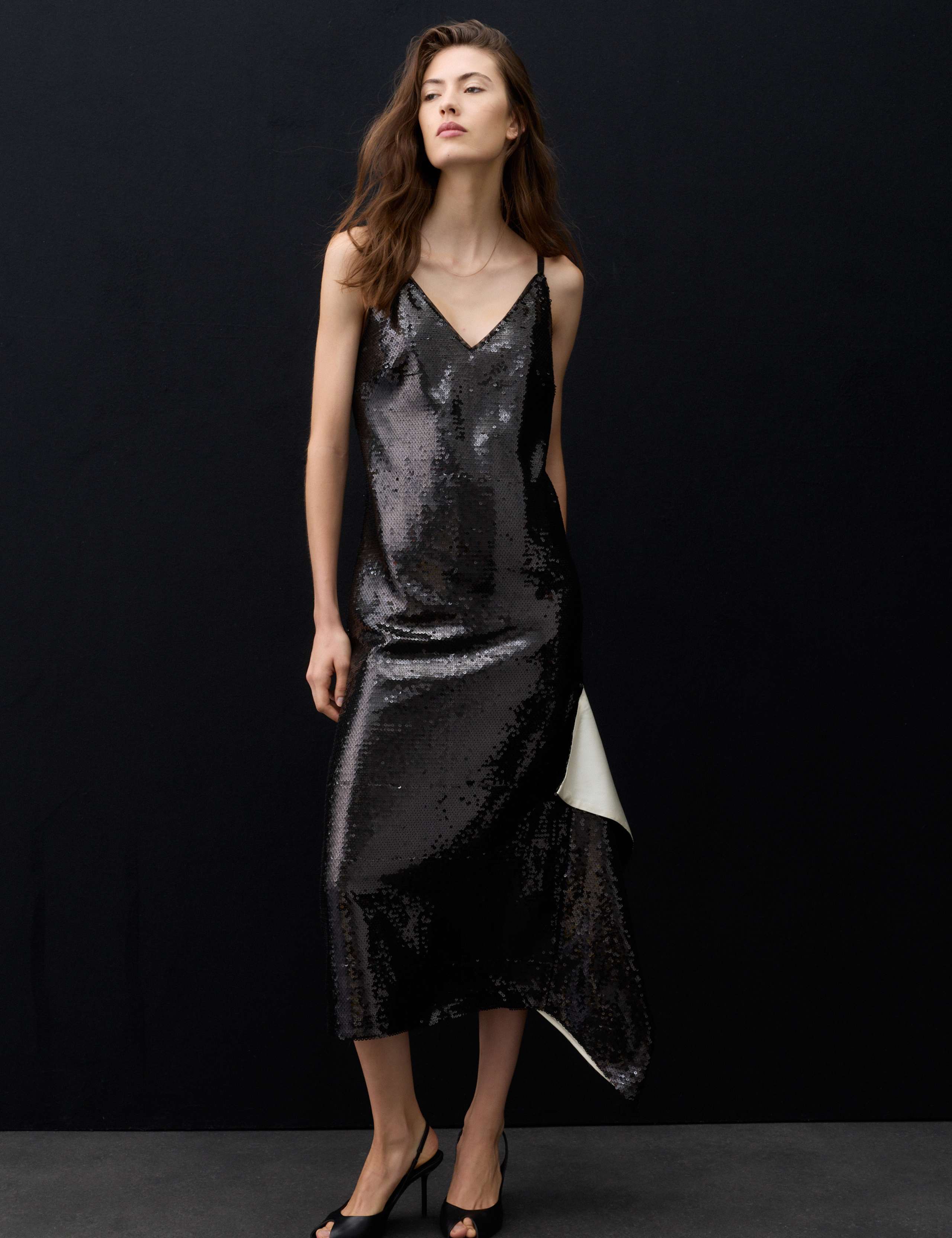 Sequin V Neck Frill Detail Midi Slip Dress 4 of 7