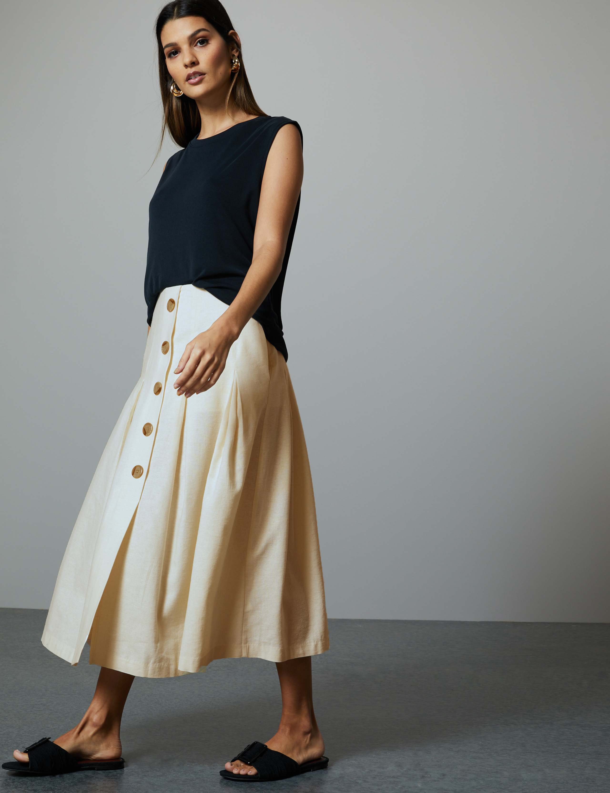 Linen Blend Fit & Flare Midi Skirt 1 of 4